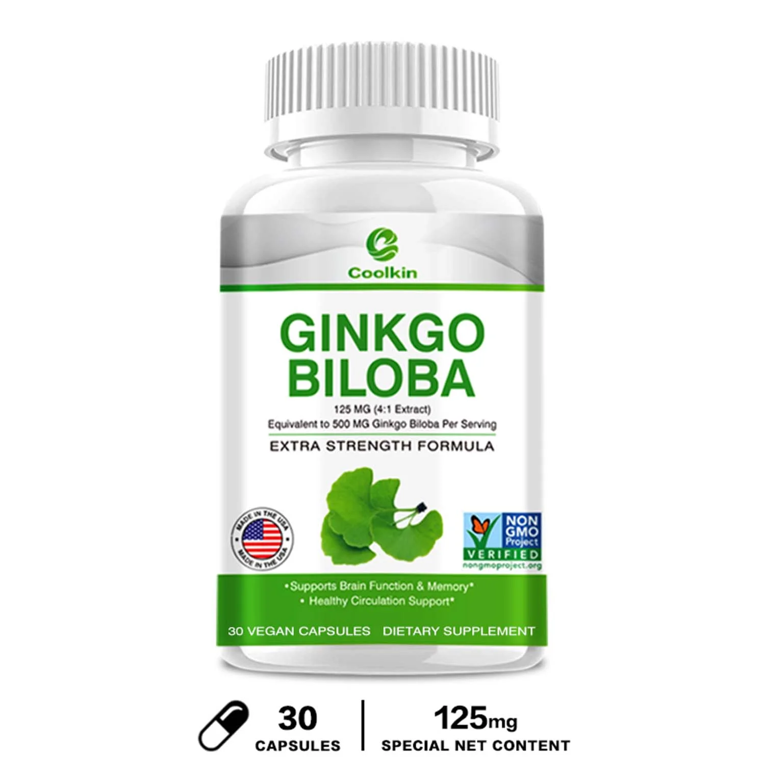Coolkin Ginkgo Biloba Capsules-Support Brain Function,Improve Memory,Enhance Cognition(30/60/120pcs)
