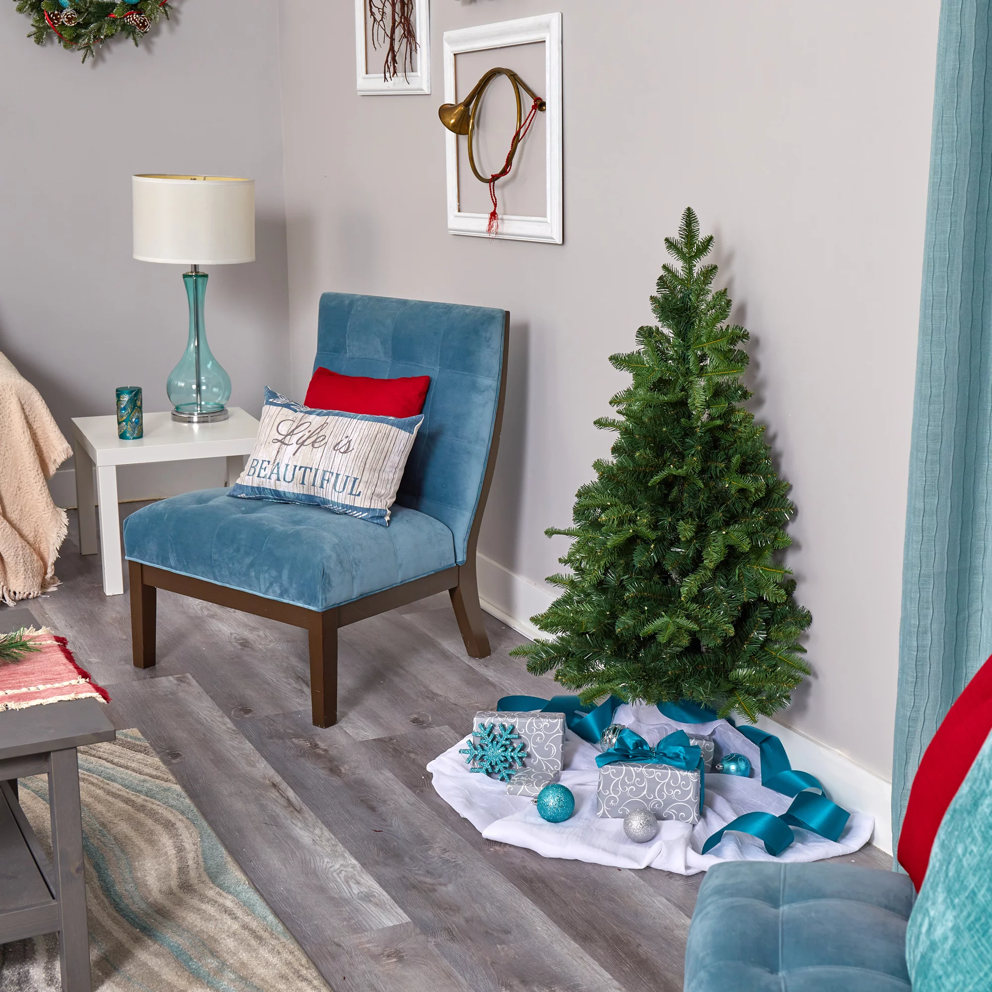 Nearly Natural 4' Flat Back Spruce Artificial Christmas Tree Prelit with LED Lights, Green