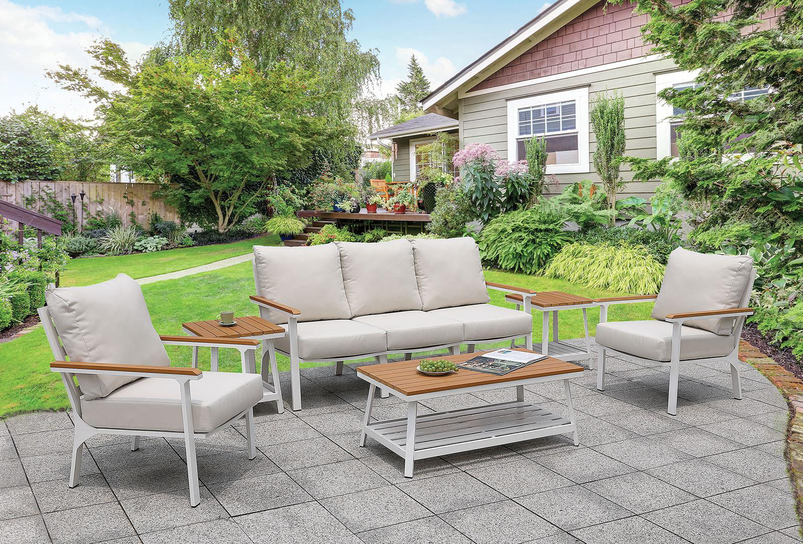 Plank & Aluminum Frame Patio Set w/Coffee Table Furniture of America Anishan