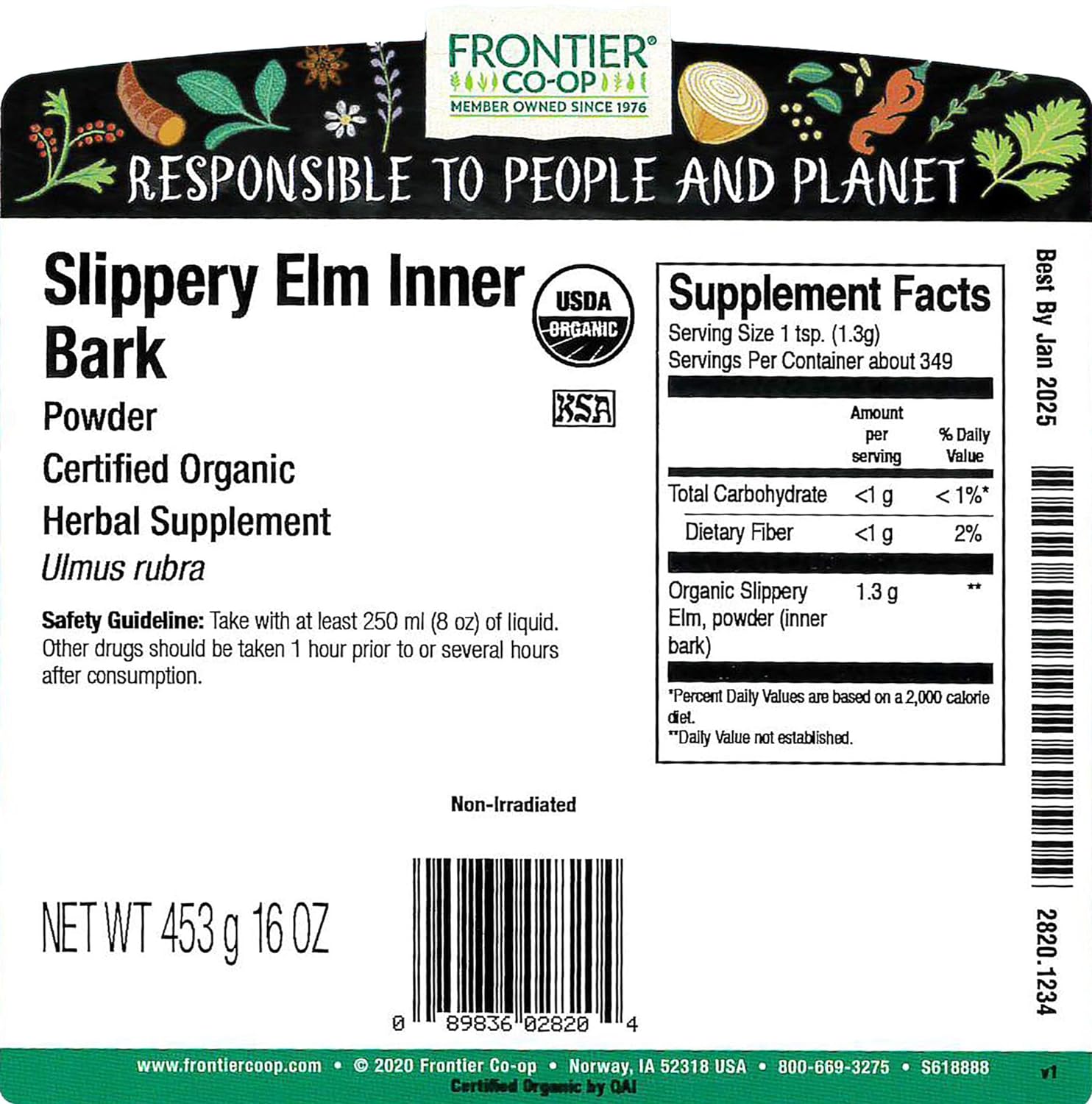 Frontier Herb Bulk Slippery Elm Organic Powder Inner , 1 Pound