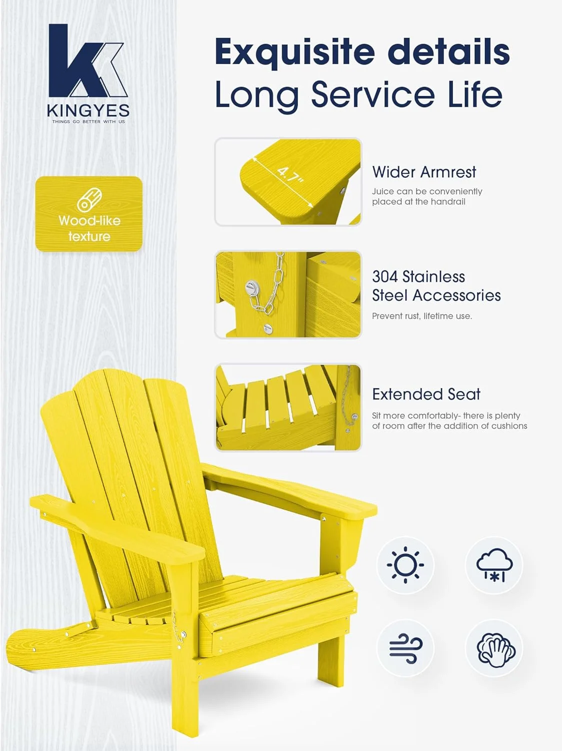 KINGYES Folding Adirondack Chair Set of 8, HDPE All-Weather Folding Adirondack Chair, Yellow