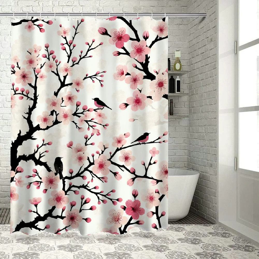 Lzatpd Cherry Blossom Spring Shower Curtain Asian Flower Birds Japanese Weeping Flower Sakura Pink Floral Tree Branch Nature Scenery Waterproof Polyester Fabric Bathroom Bathtub