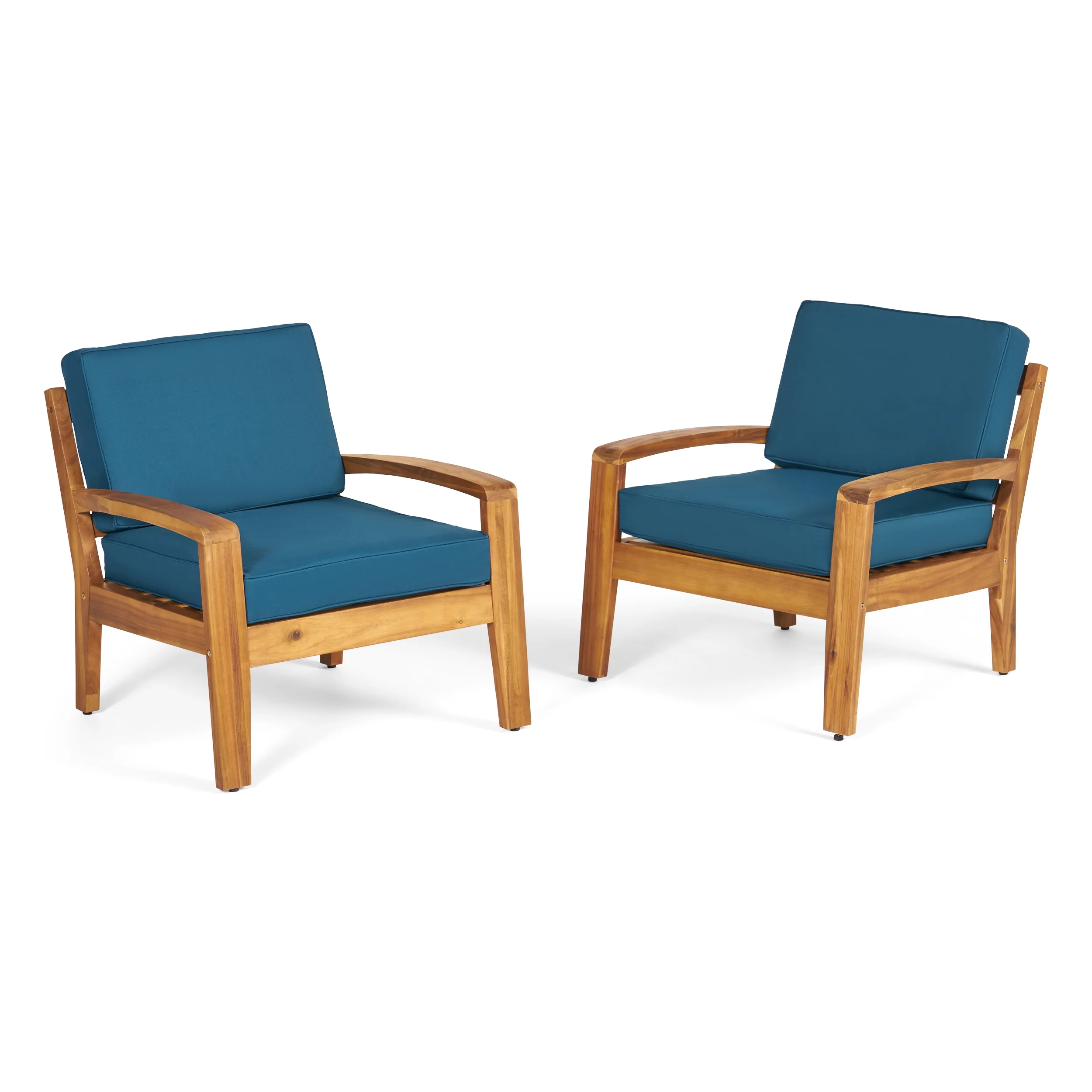 Giselle Outdoor Acacia Wood Club Chairs with Cushions, Set of 2, Teak and Dark Teal