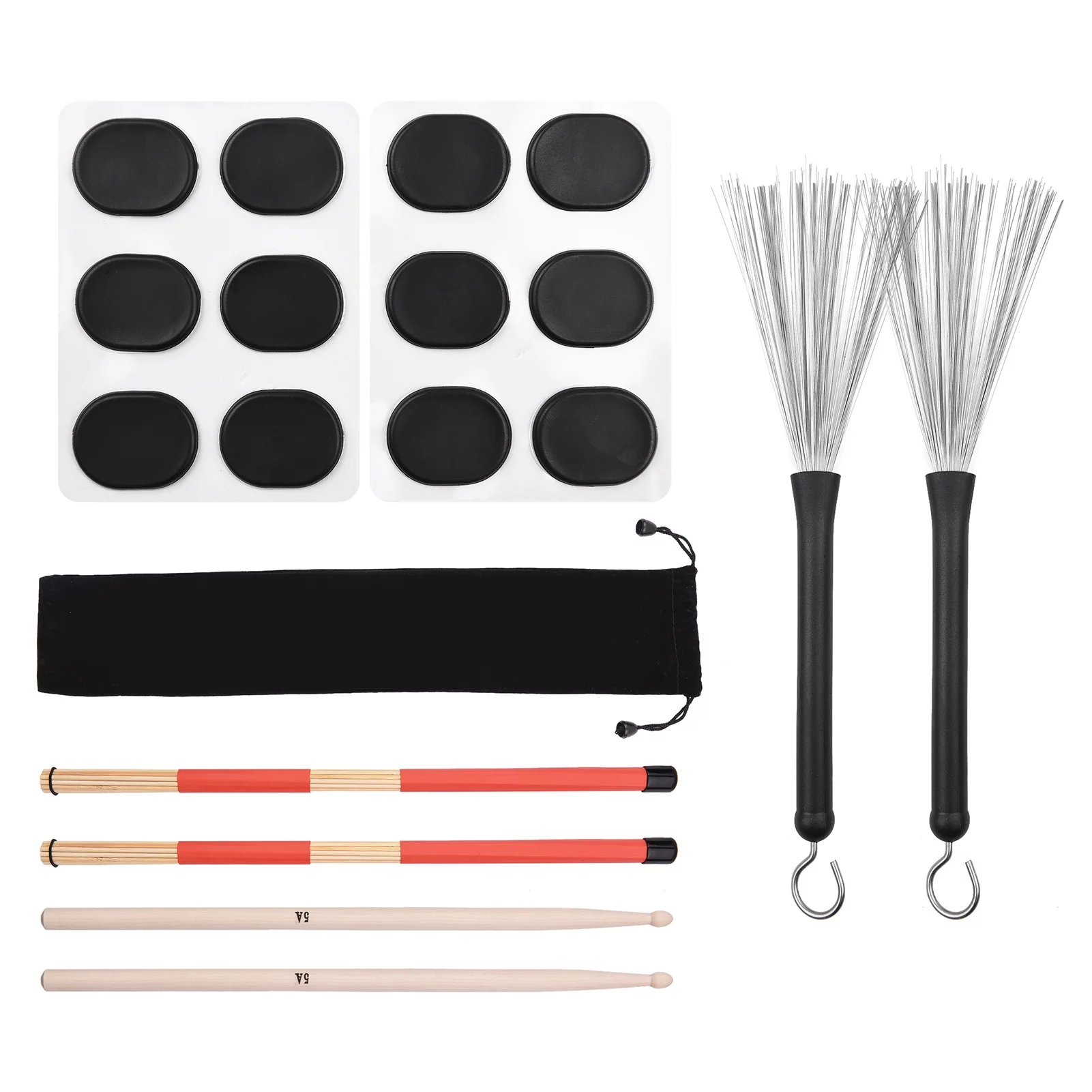 Drum Sticks Set - Includes 1 Pair Retractable Wire Brushes, 1 Pair 19-Rod Bamboo Brushes, 1 Pair 5A Maple Wood Sticks, and 12 Mute Pads for Jazz, Folk, Acoustic Music L