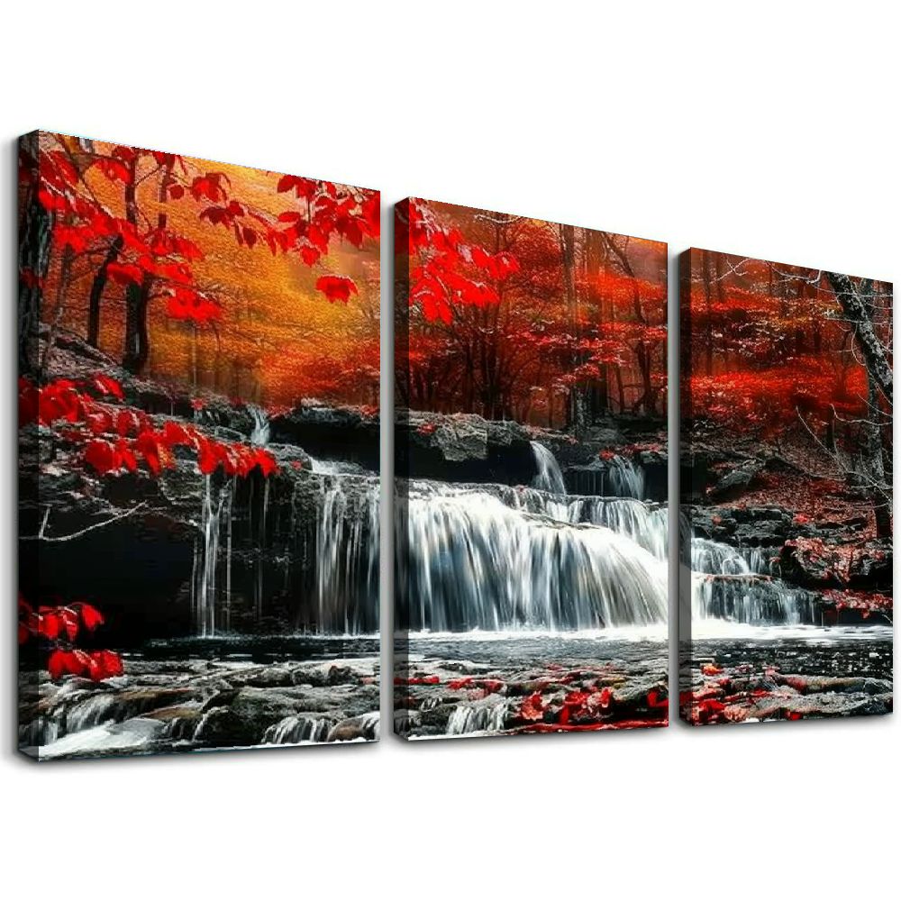 Ullo0ord Canvas Wall Art 1 Panel Framed Prints Art Red Waterfall Wall Art Decor Landscape Picture Print on Canvas Modern Large Artwork Ready to Hang for Living Room Bedroom Wall Decoration
