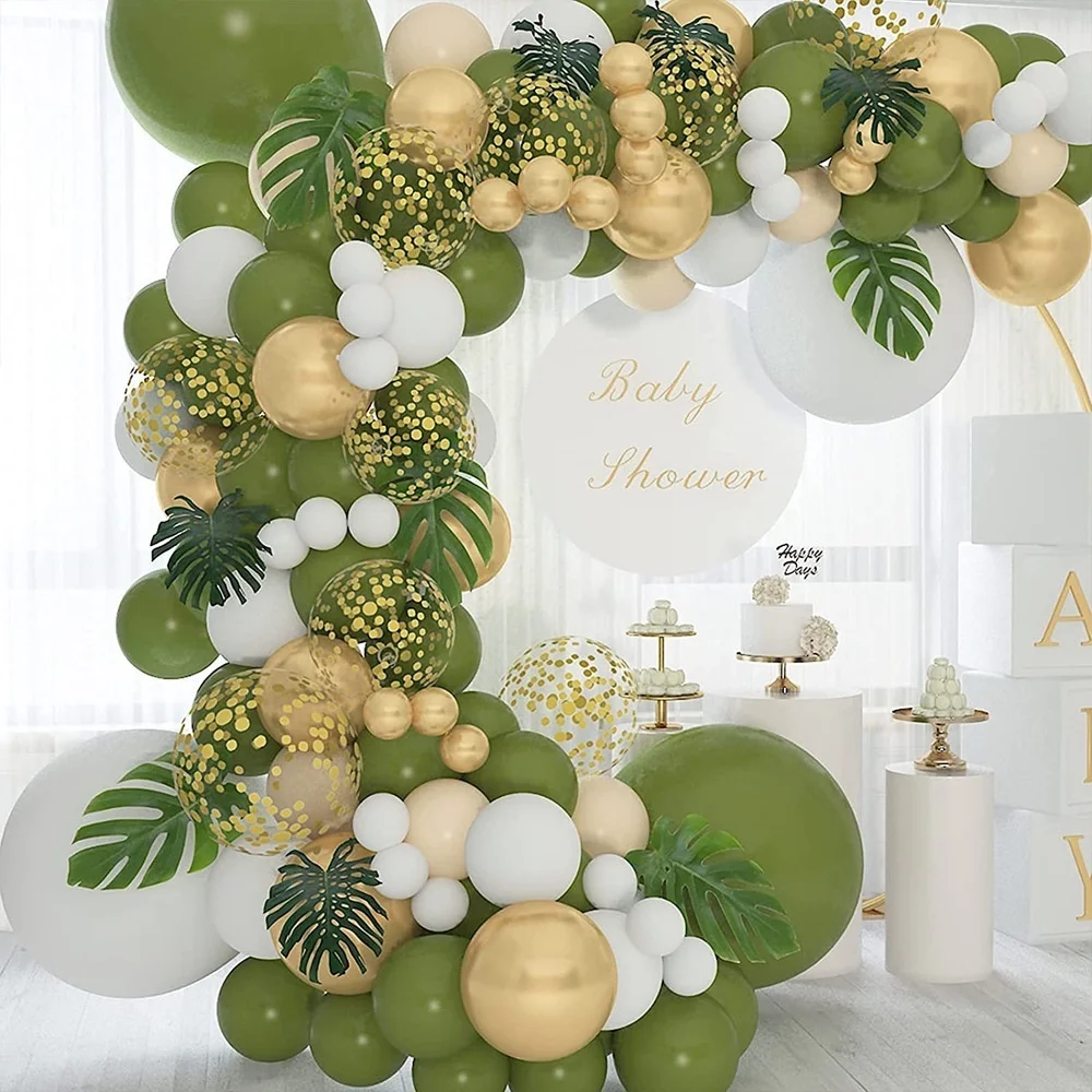 YANSION Sage Green Balloon Garland Kit ,Baby Shower Decorations Olive Green Gold Metallic White Gold Confetti Nude Balloon Arch for Bridal Shower Wedding Birthday Party