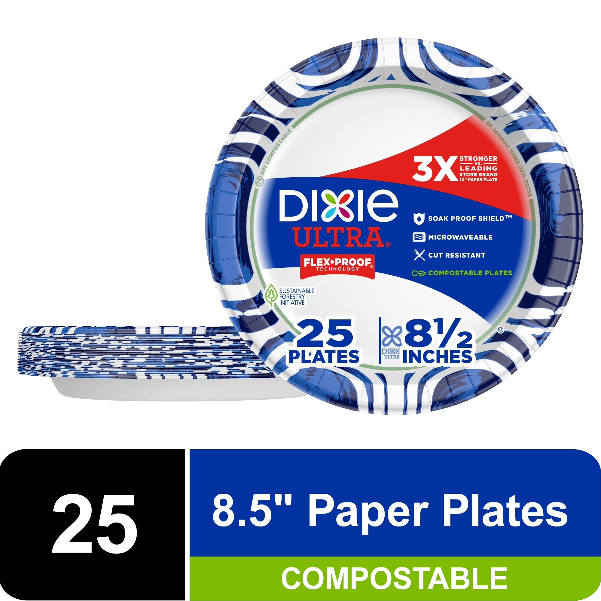 Dixie Ultra Compostable Paper Plates, 8.5 in, 25 Count, 3X Stronger*, Multicolor, Disposable Plates