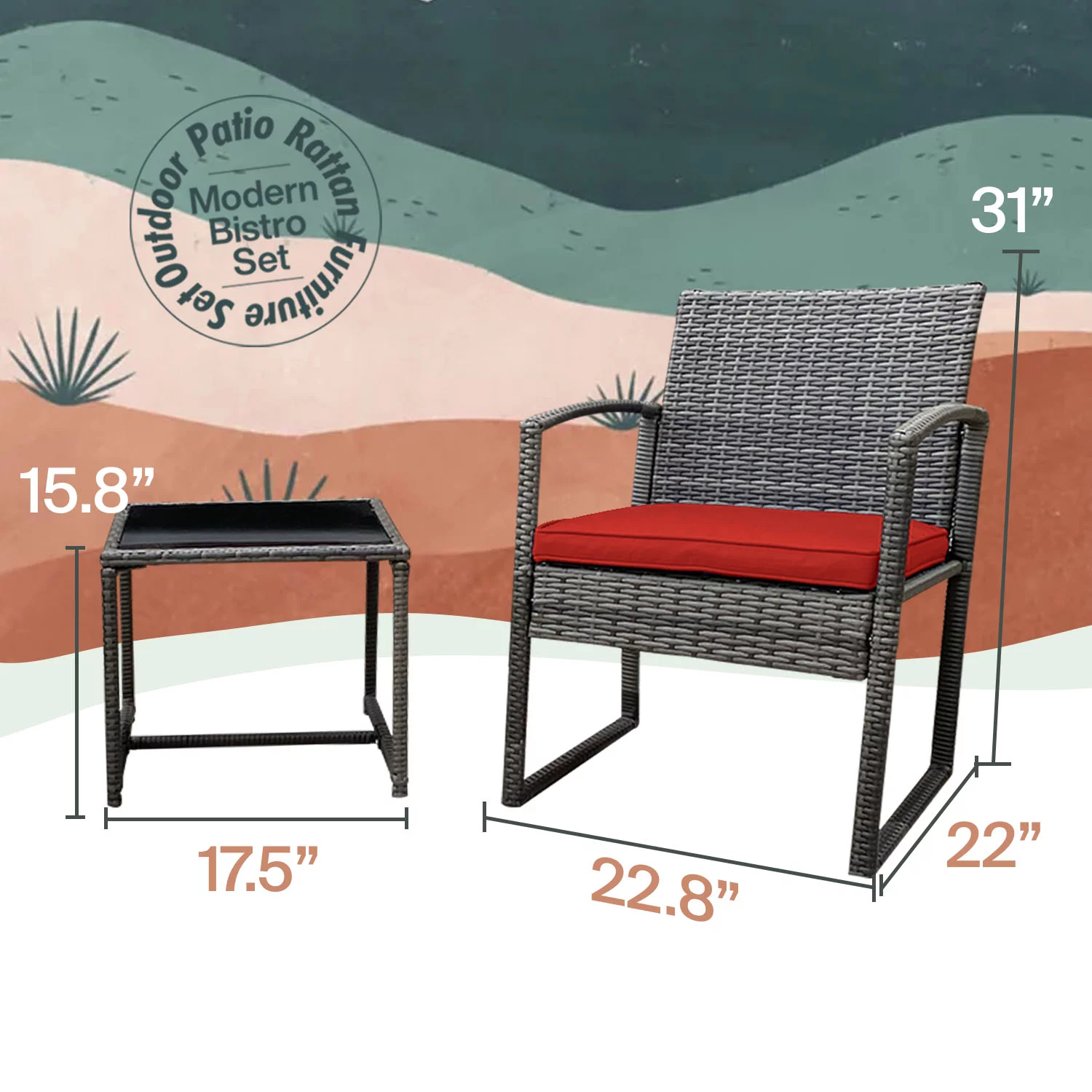 Bambina 3-Piece Stylish Rattan Bistro Furniture Set -2 Chairs With Perfect Solid Glass Tea Table - Red