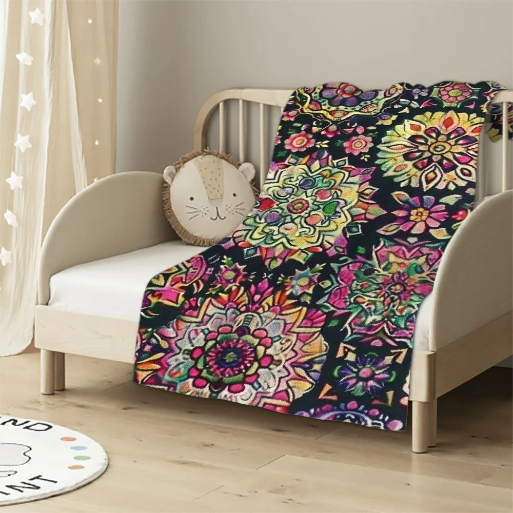 Ulloord Colorful Indian Mandala Personalized Throw Blanket, Hand Drawn Flower Mandala Soft Throw Blanket Fit for Sofa Chair Bed Office Traveling Camping