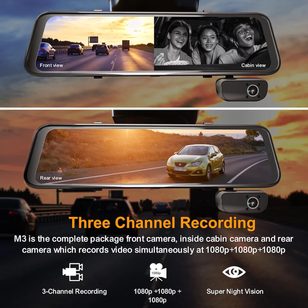 Rexing M3 1080p 3-Channel Mirror Dash Cam with Smart BSD GPS