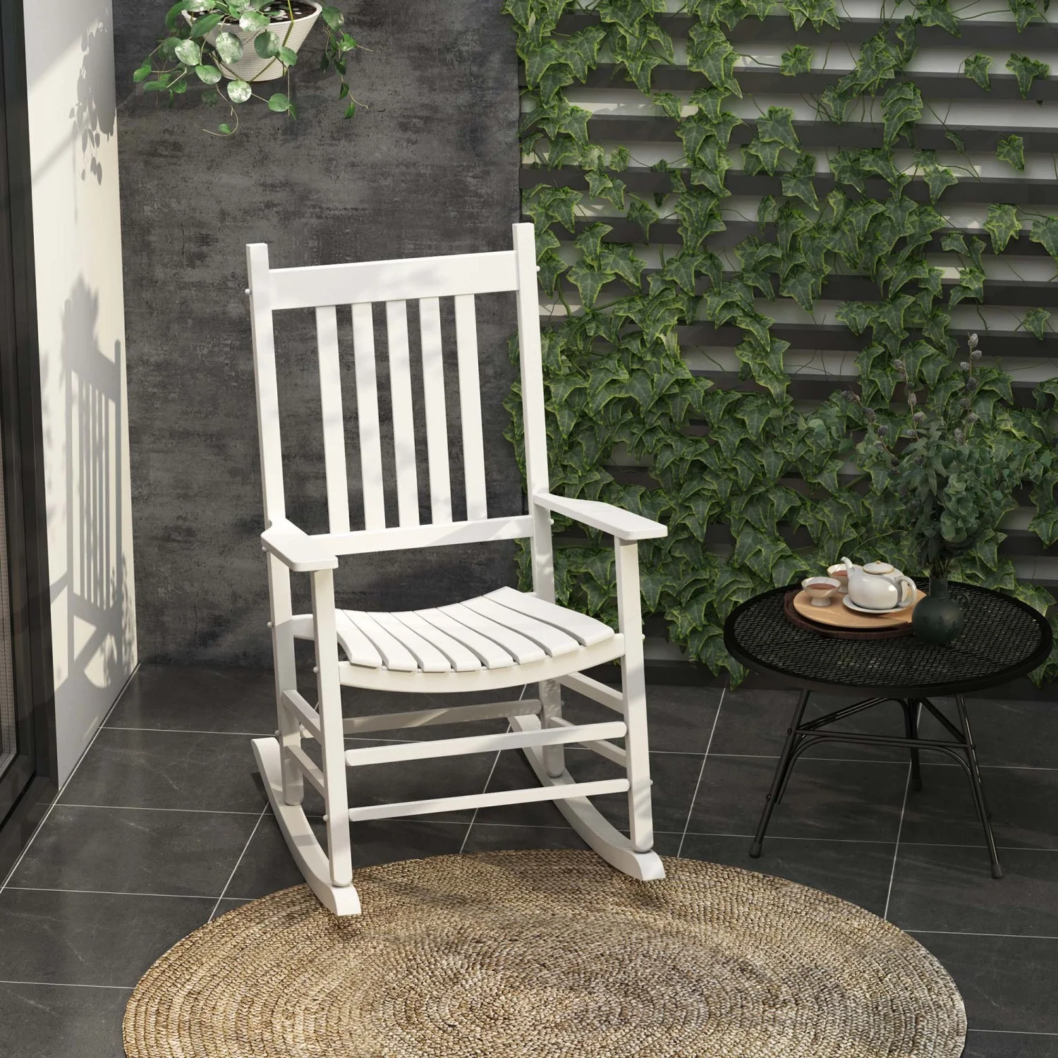 LEIYEHOOM Outdoor Rocking Chair  Patio Wooden Rocking Chair with Smooth Armrests  High Back for Garden  Balcony  Porch  Supports Up to 352 lbs.
