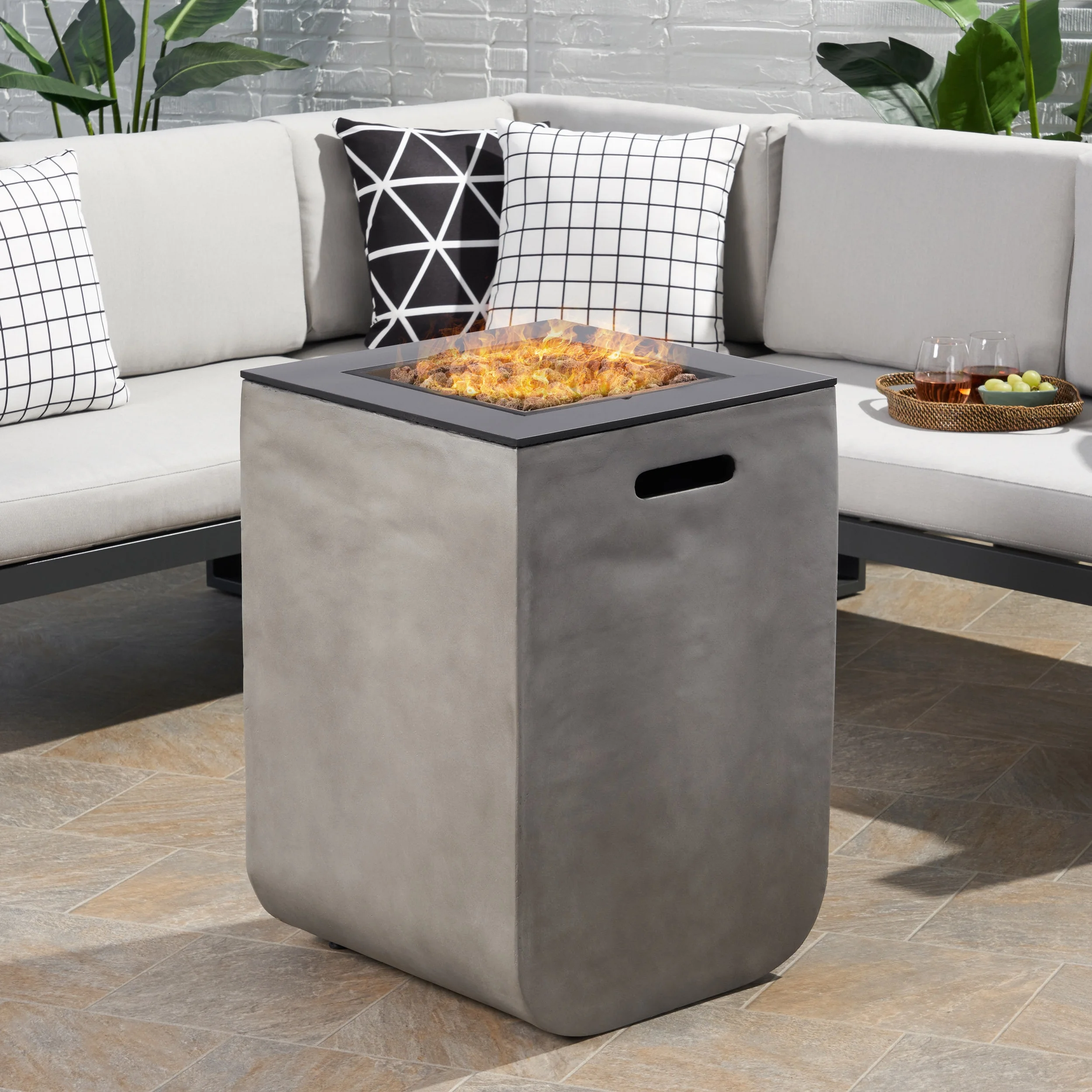 Laini Outdoor Modern 19.5-Inch Fire Column, Light Gray and Gloss Black