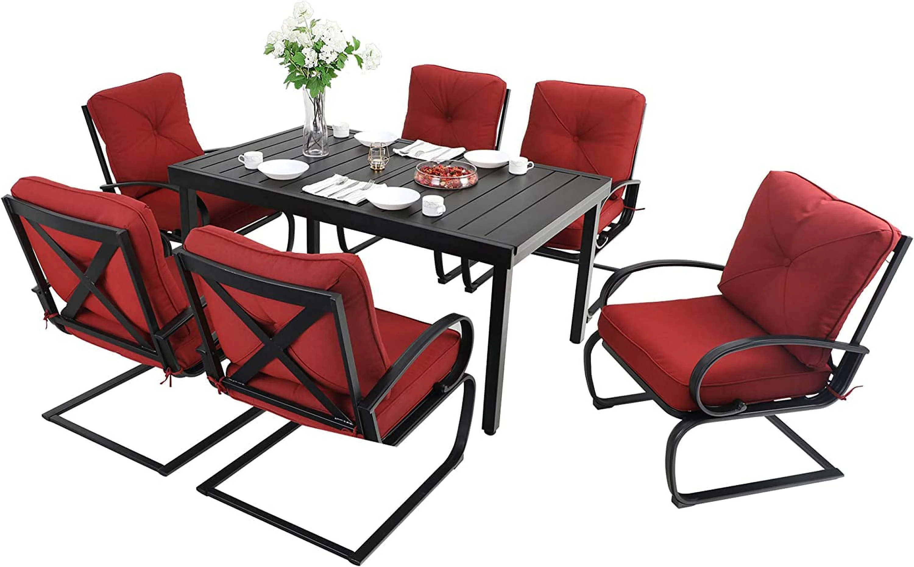 Patio Dining Set for 4 Outdoor Furniture Square Bistro Table Wooden Top with 1.57" Umbrella Hole 4 Spring Motion Chairs with Cushion for Backyard Garden Lawn