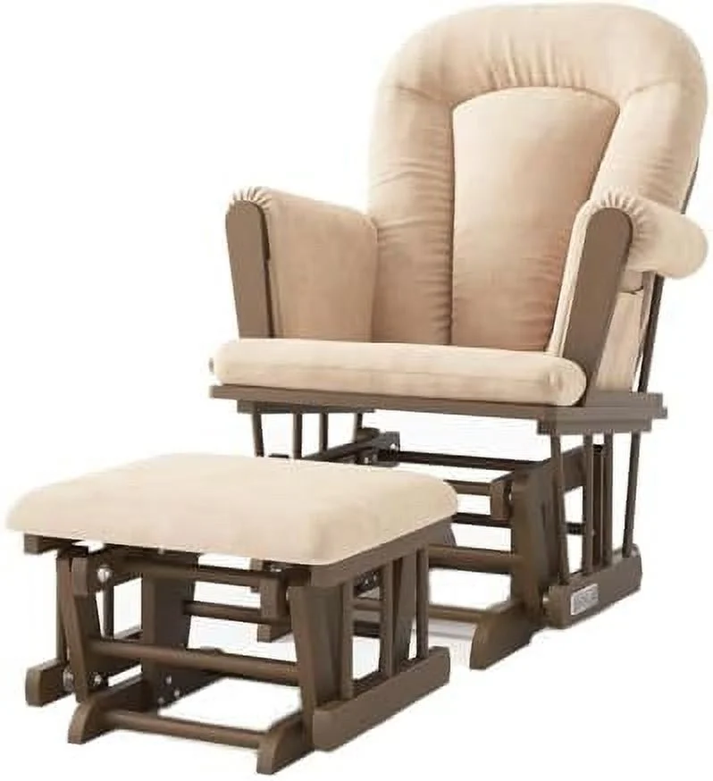 DIKTESSE Cozy Glider Rocker and Ottoman Set  Padded Cushion with Convenient  Pockets  Solid Wood Base & Frame (Matte White with Gray Cushion)