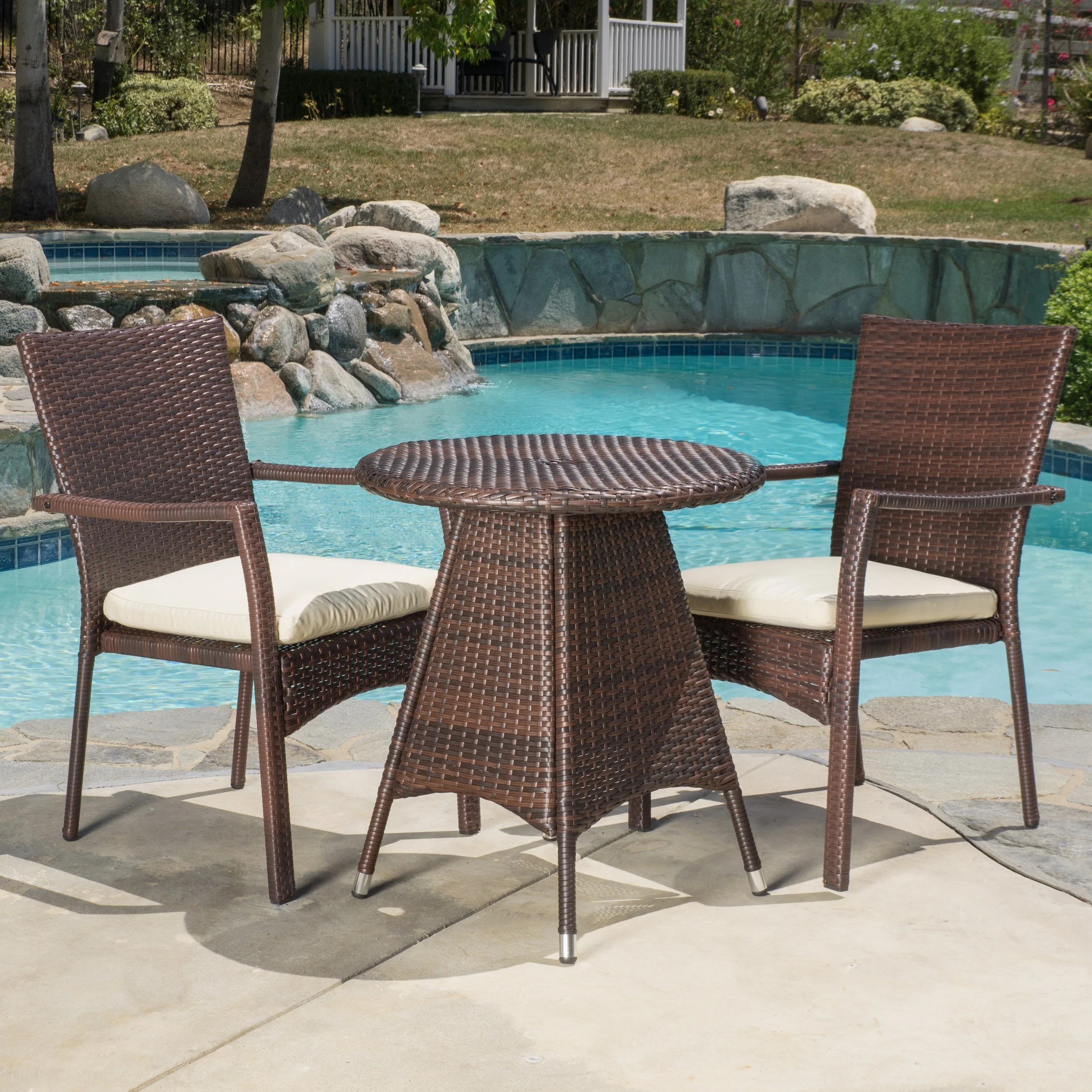 GDF Studio Polmer Outdoor Wicker 3 Piece Bistro Set with Cushion, Multibrown and Cream