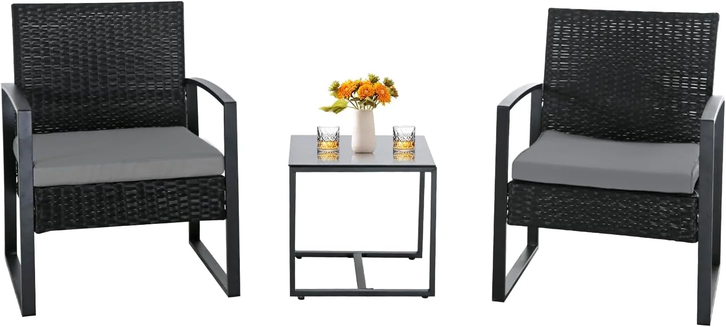 SJYHJKS 3 Pieces Patio  Set  Balcony   Patio  All-Weather Wicker Chairs Conversation Set with Cushions  for Outdoor Backyard Porch Lawn (Black-Beige)