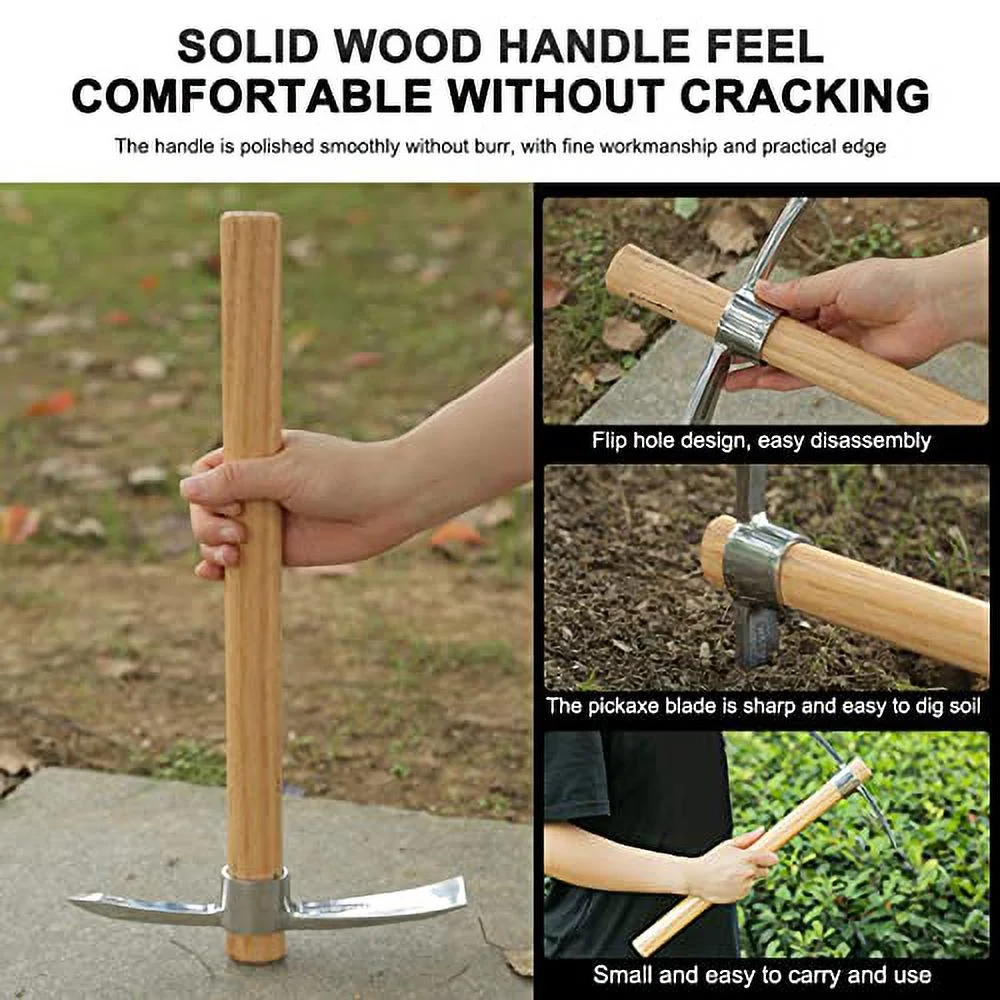 Multifunctional Stainless Steel Pickaxe Garden Tree Root Digging Portable Wooden Handle Hoe for Outdoor Camping Emergency Survival Tool