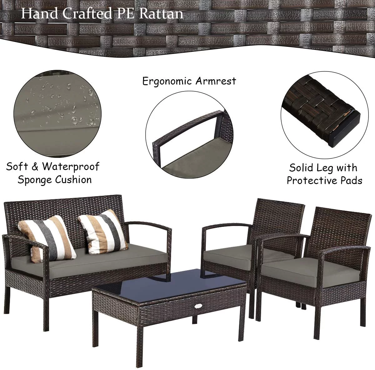 Dina Outdoor Conversation Set 4 Pieces Patio Furniture  Wicker Patio Chair Sofa Set with Water-Resistant Dark-Brown Cushion & Tempered Glass Table for Backyard  Balcony  Porch(Brown)