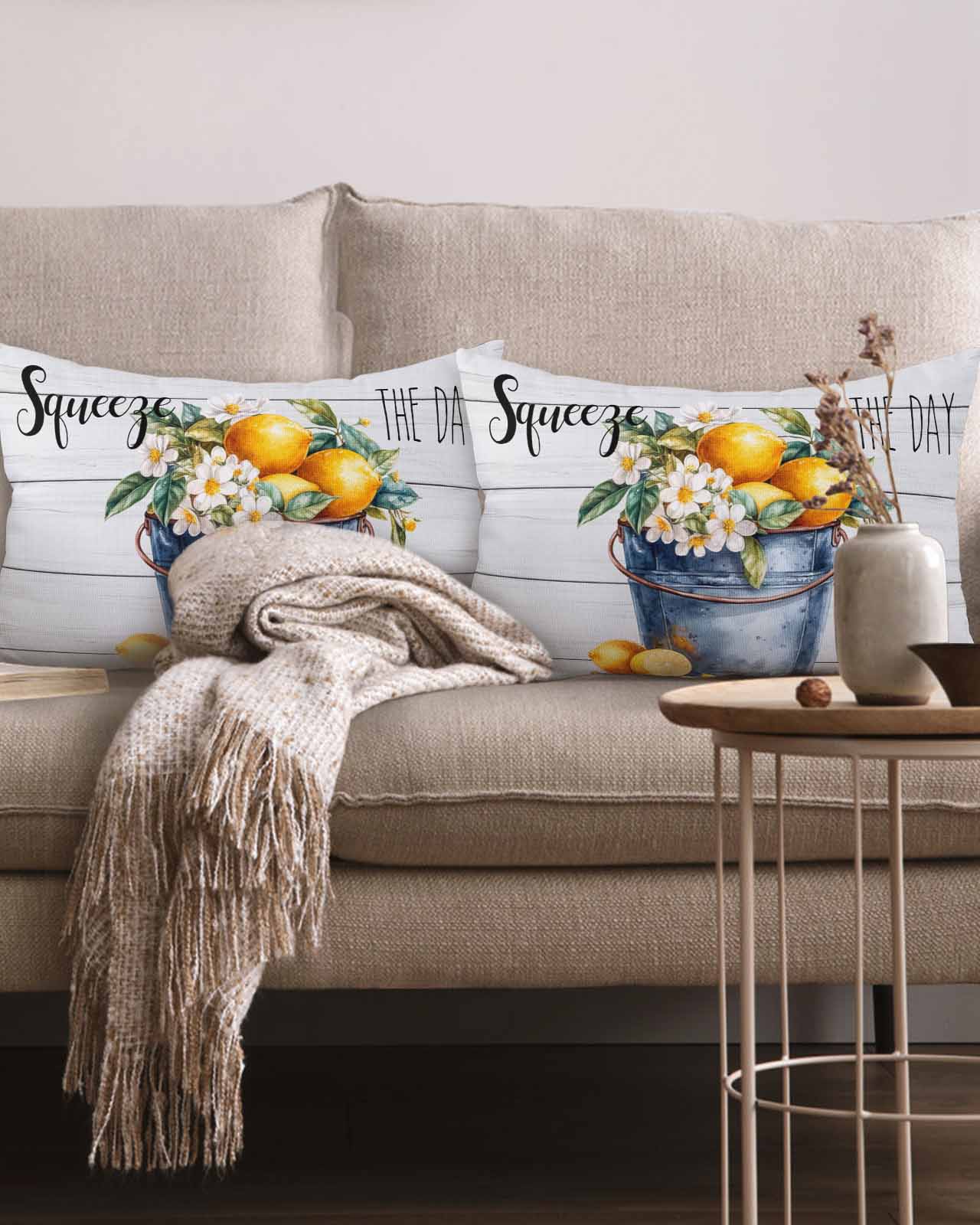 Summer Lemon Flowers Farmhouse 12x20 Pillow Covers Set of 2, Iron Bucket Wood Decorations Outdoor Throw Pillow Covers, Cotton Linen Square Pillowcases for Patio Sofa Couch Bedroom Decorative
