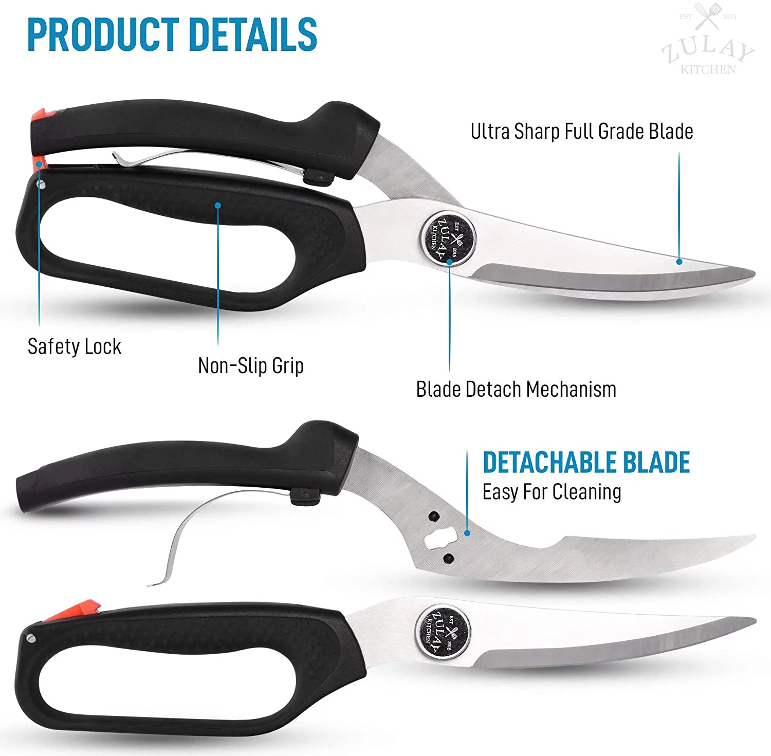 Zulay Kitchen Poultry Shears Spring-Loaded Heavy Duty Stainless Steel Chicken Shears