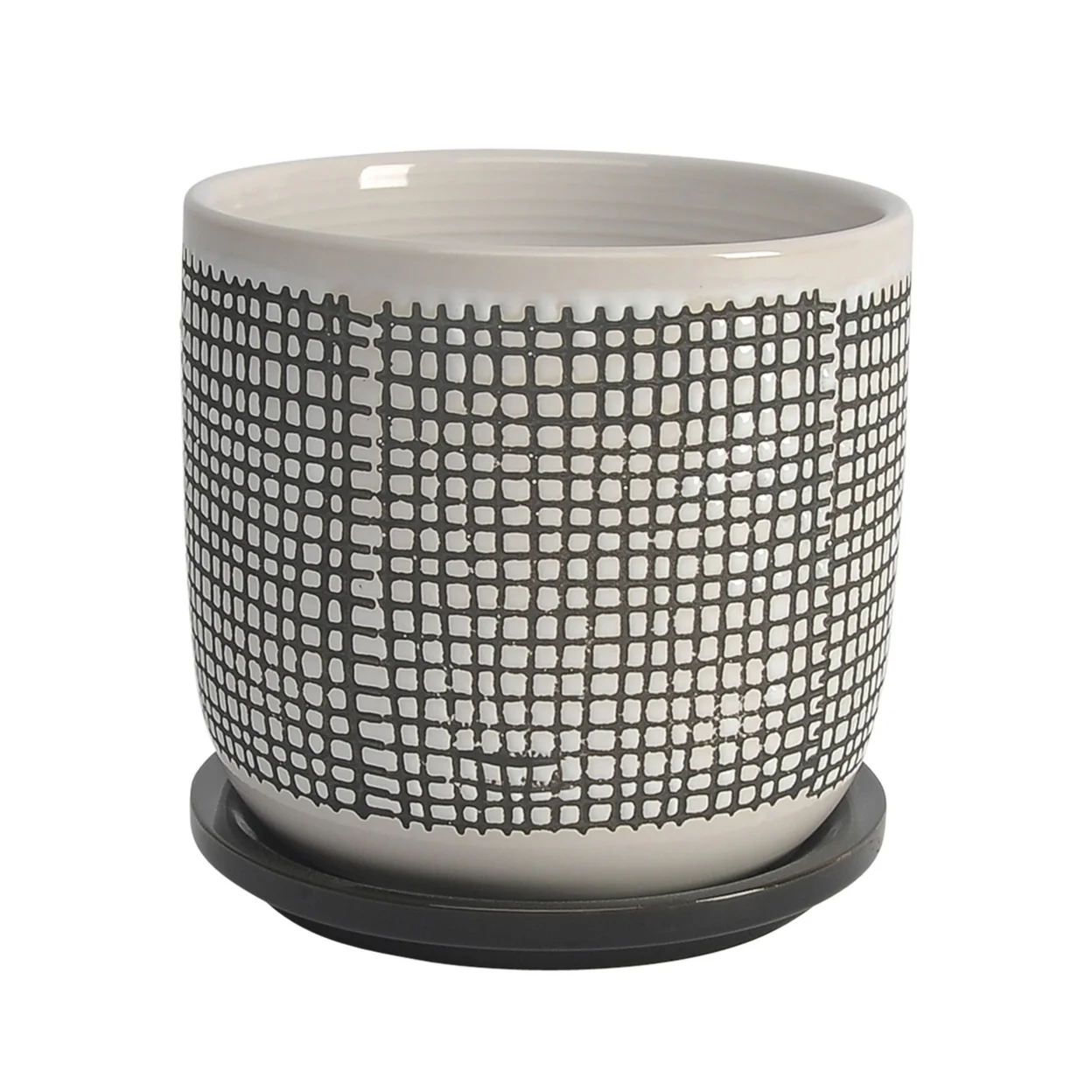 Benjara Ceramic Planter with Mesh Design and Saucer, Gray