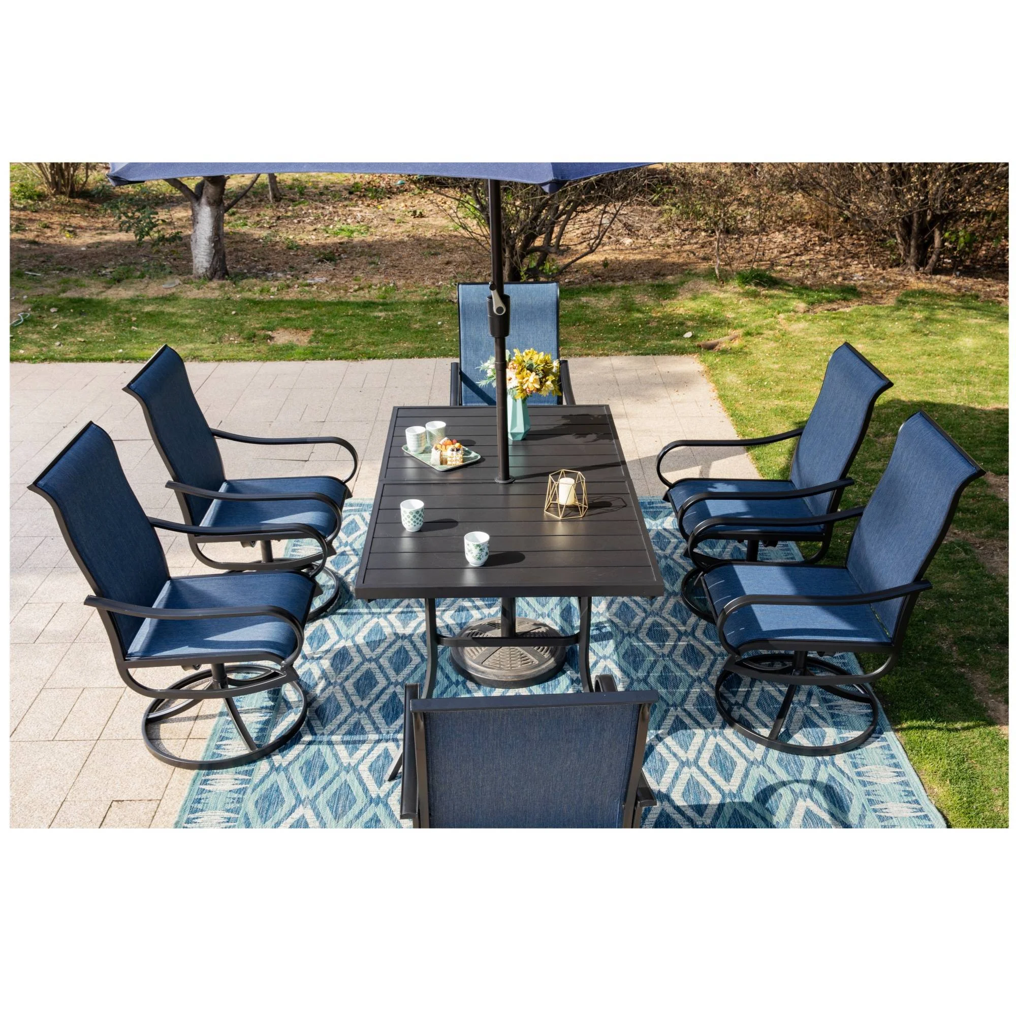 Summit Living 8-Piece Outdoor Patio Dining Set with 13ft Navy Blue Patio Umbrella, 6 Textilene Outdoor Swivel Chairs & 1 Large Metal Rectangle Table, Blue & Black