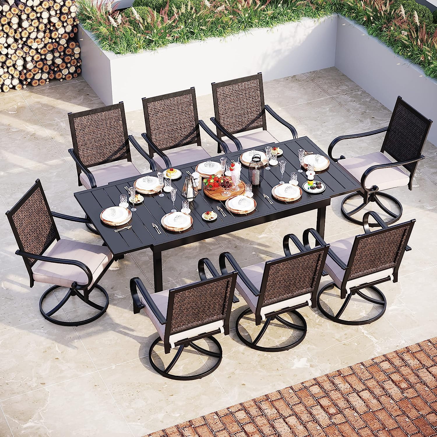 & William 9 Pieces Patio Dining Set for 6-8 People  Outdoor Expandable Metal Table and PE Rattan Chairs Set with Cushions  Modern Conversation Furniture for Terrace Porch Backyard