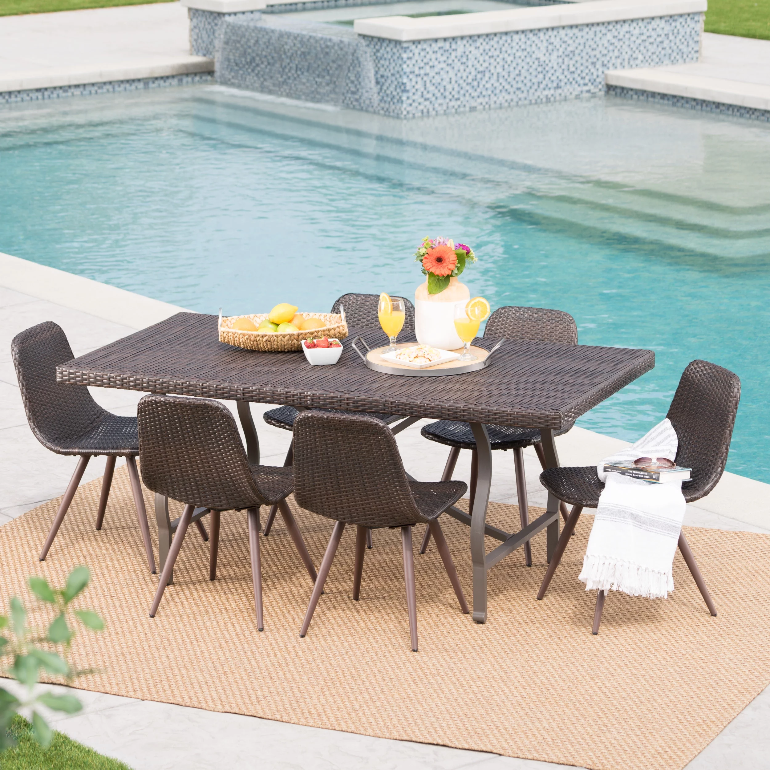 Crestwood Outdoor 7 Piece Wicker Dining Set with Foldable Rectangular Dining Table, Multibrown