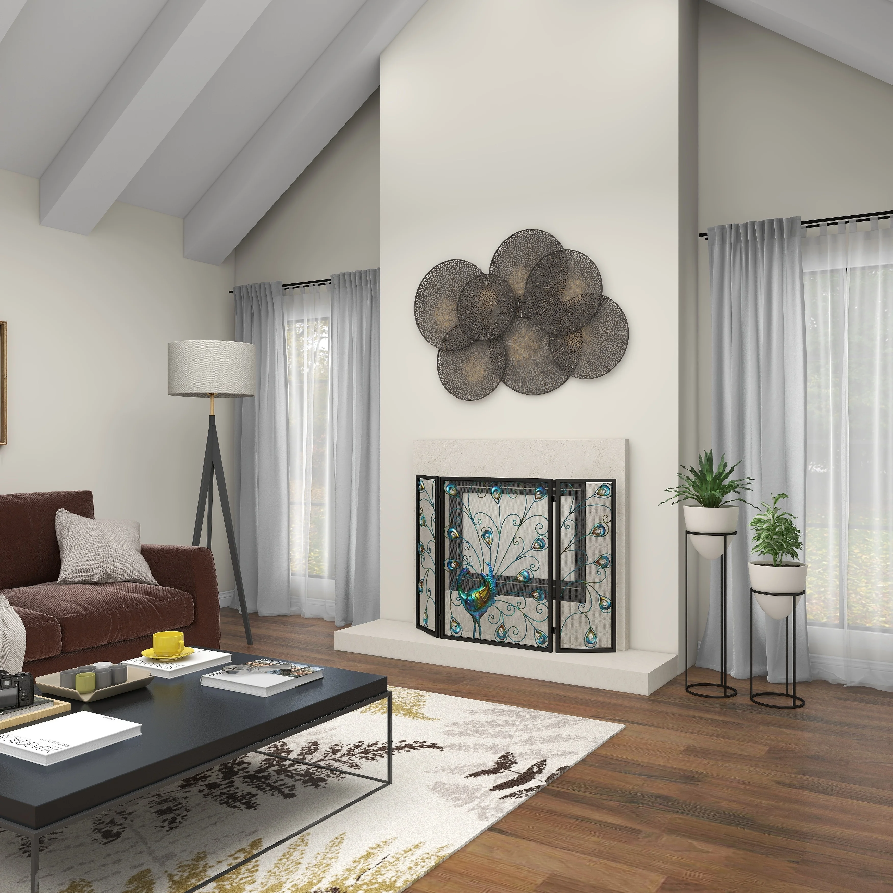 Studio 350 Blue Metal Rainbow 3 Panel Peacock Fireplace Screen with Crystal Accents and Black Frame