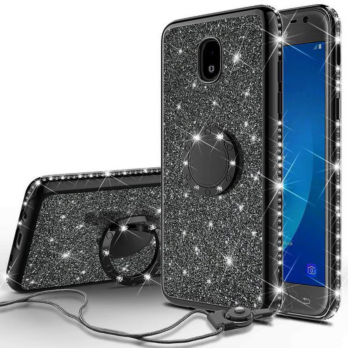 Samsung Galaxy J3 2018,Express Prime 3,J3 Star,J3 Achieve,Amp Prime 3,Sol 3 Case Glitter Cute Phone Case Girls Kickstand, Bling Diamond Bumper Ring Stand Clear Thin Soft Cover for Girl Women - Bl