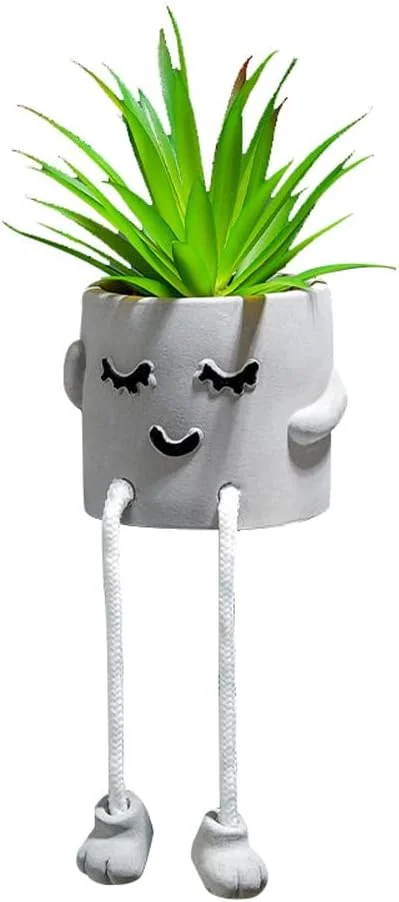 Zhuge Artificial Succulents in Cement Pots w/Hanging Leg, Fake Succulents Plants, Realistic Faux Succulents Plants, Cute Human Shaped Mini Potted Fake Plants for Desk,Office, Bathroom,Home Decor (G)