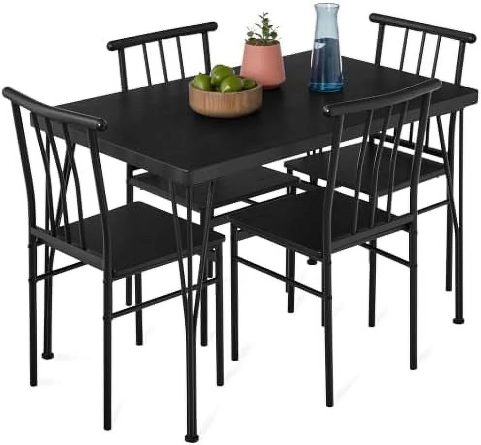 GFVCNIO 5-Piece Metal and Wood Indoor Modern Rectangular Dining Table  Set for Kitchen  Dining Room  Dinette  Breakfast Nook w/ 4 Chairs - Black