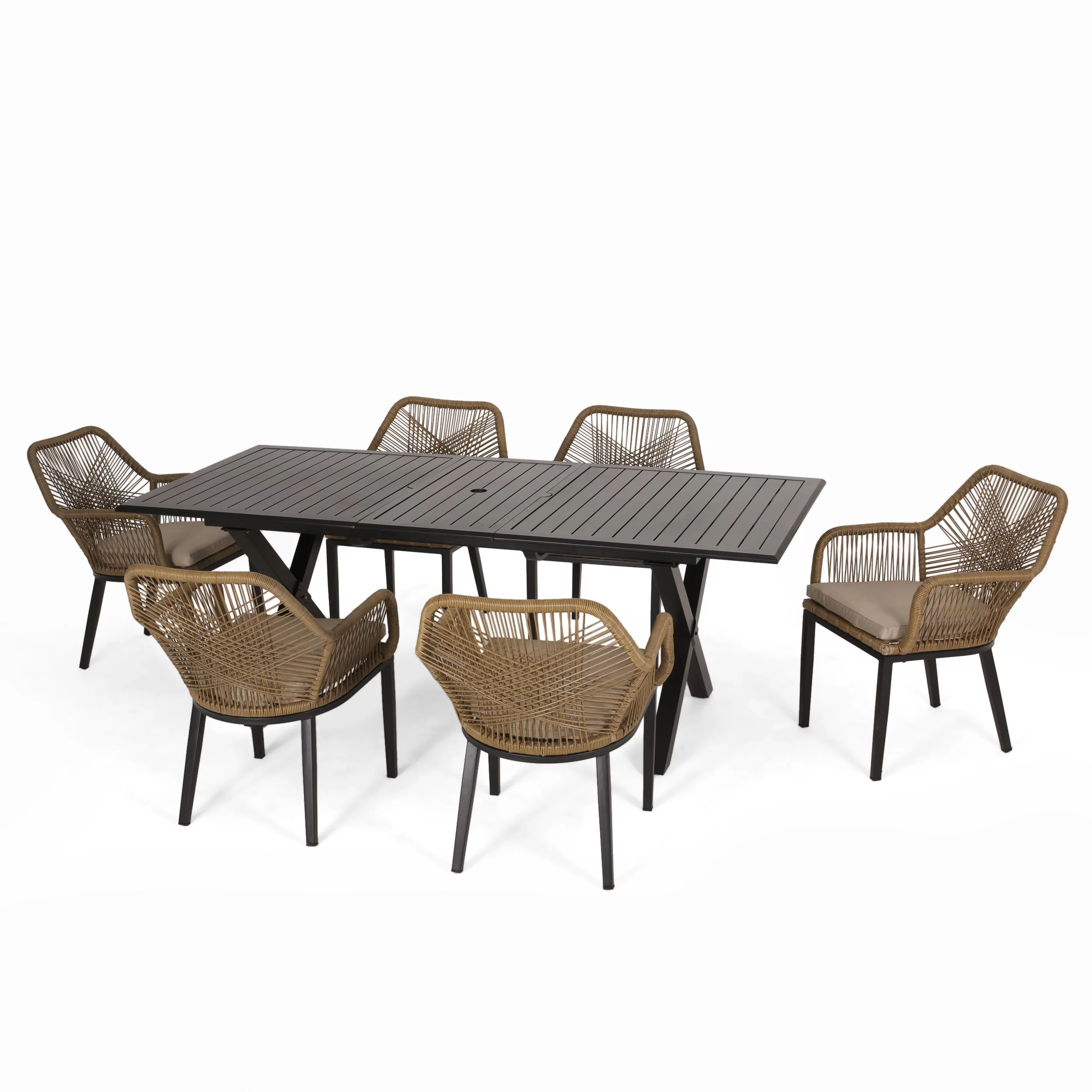 GDF Studio Westara Outdoor Wicker and Aluminum 7 Piece Dining Set with Cushion, Black, Light Brown, and Beige