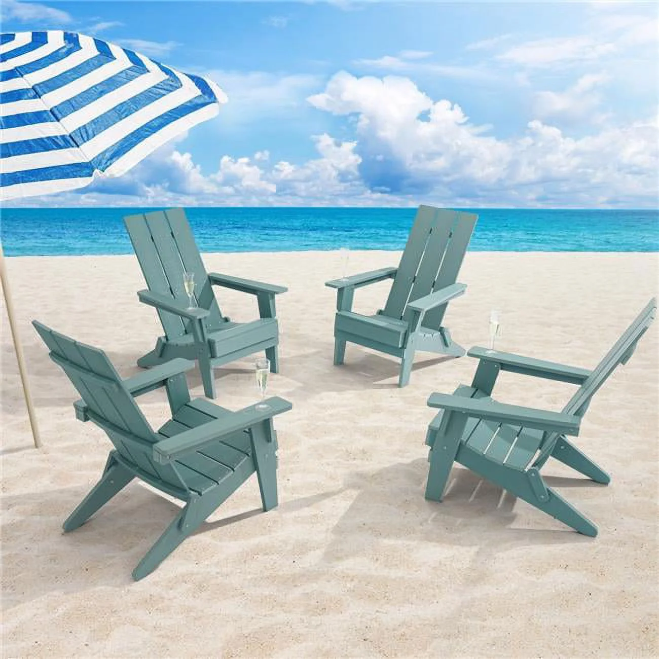 SANLUCE  Lake Blue Folding Adirondack Chair, Waterproof HIPS High Load Capacity Patio Chair With Wide Armrests (4-Pack)