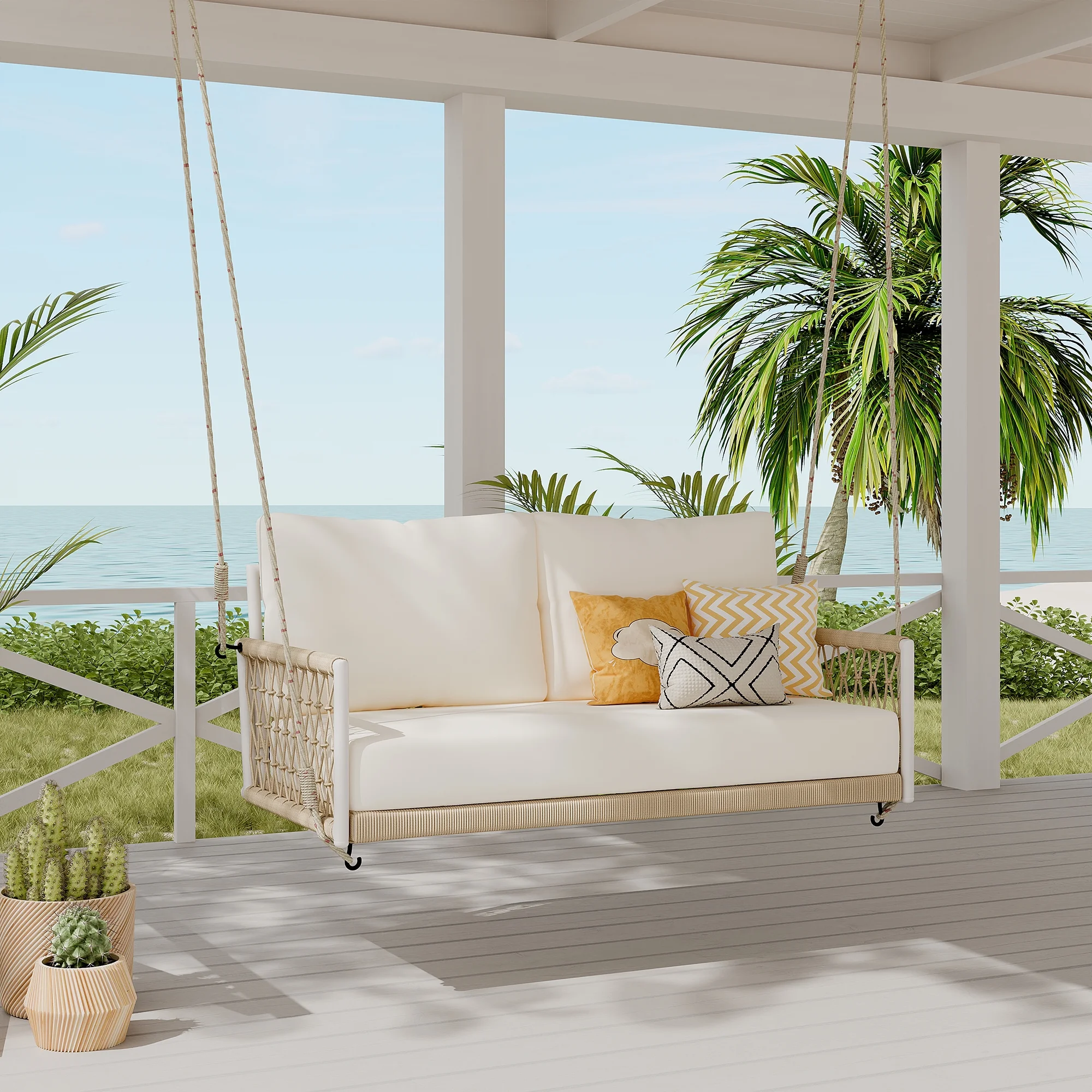 Crtynell TREXM 1-Piece Woven Rope Outdoor Swing Sofa with Soft Cushions Seating 2 for Patio, Courtyard and Balcony (Beige)