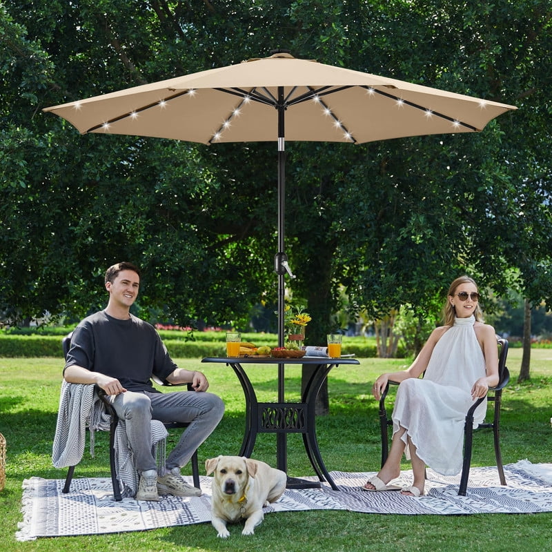 10FT Solar Powered Patio Umbrella - UV Protection Market Table Umbrella w/ 32 LED Lights & Push Button Tilt & Crank Lift System for Garden/Lawn/Deck/Backyard/Pool,Tan