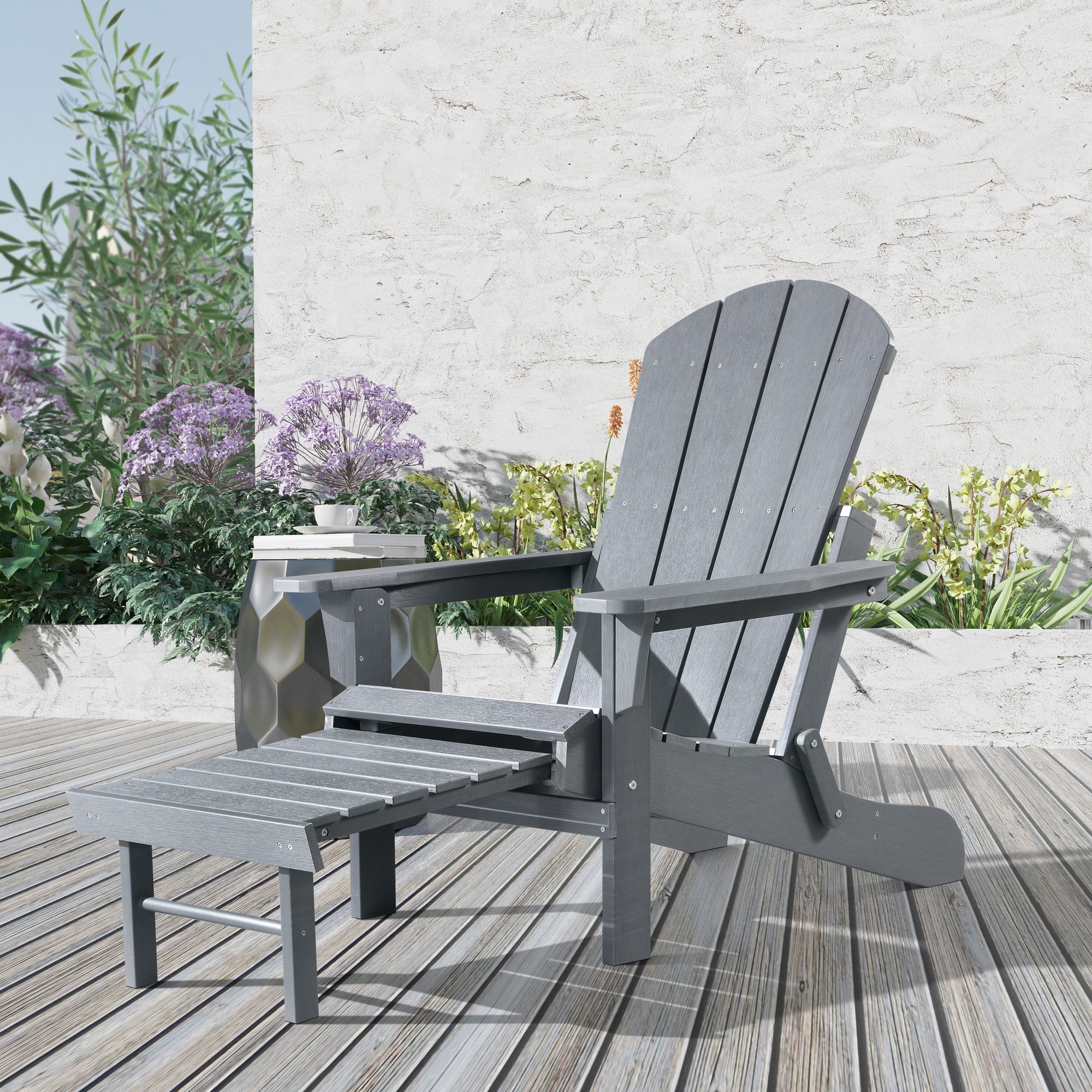 Hurley Stanton Drew Plastic/Resin Folding Adirondack Chair with Ottoman (Gray)