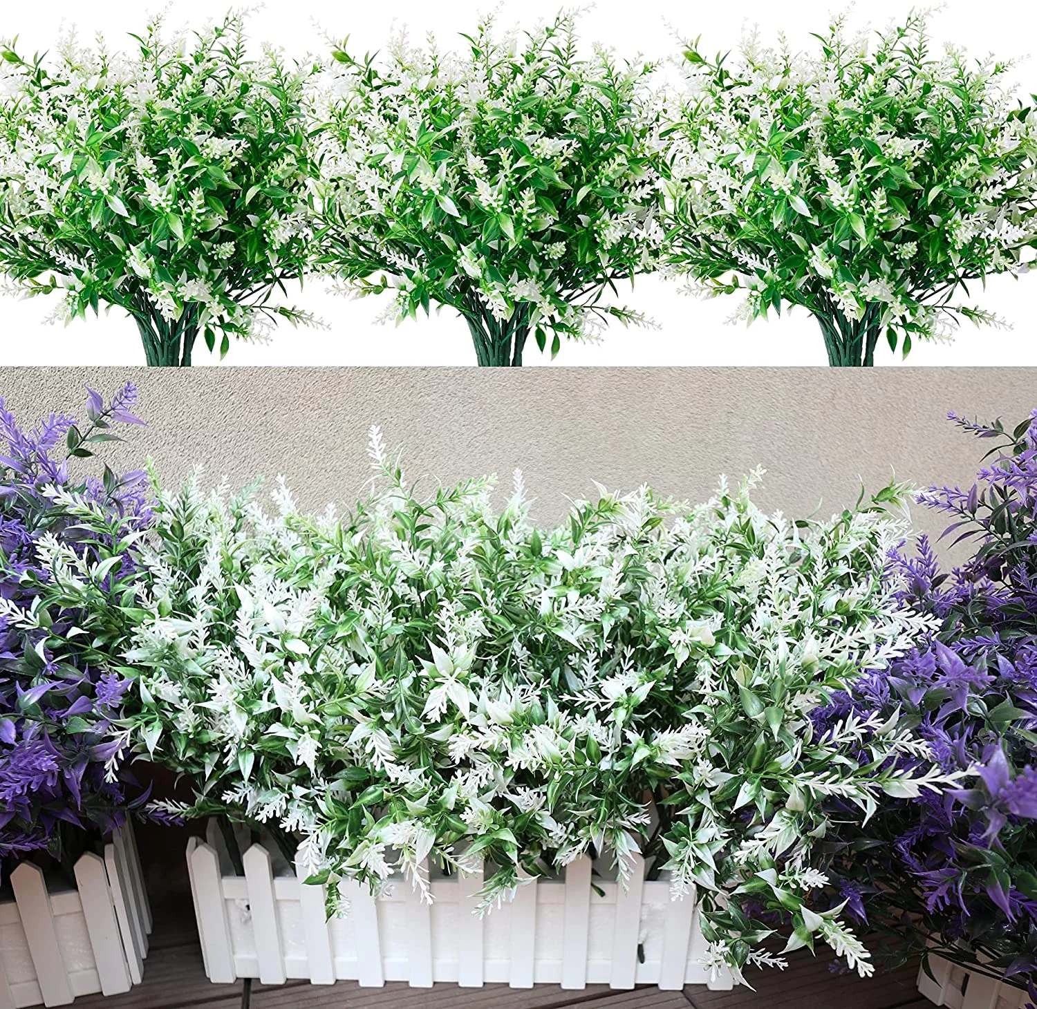 8/16pcs Artificial Lavender Flowers Fall Decor UV Resistant Fake Flowers No Fade Faux Plastic Plants Garden Porch Window Box Outdoor Decorating