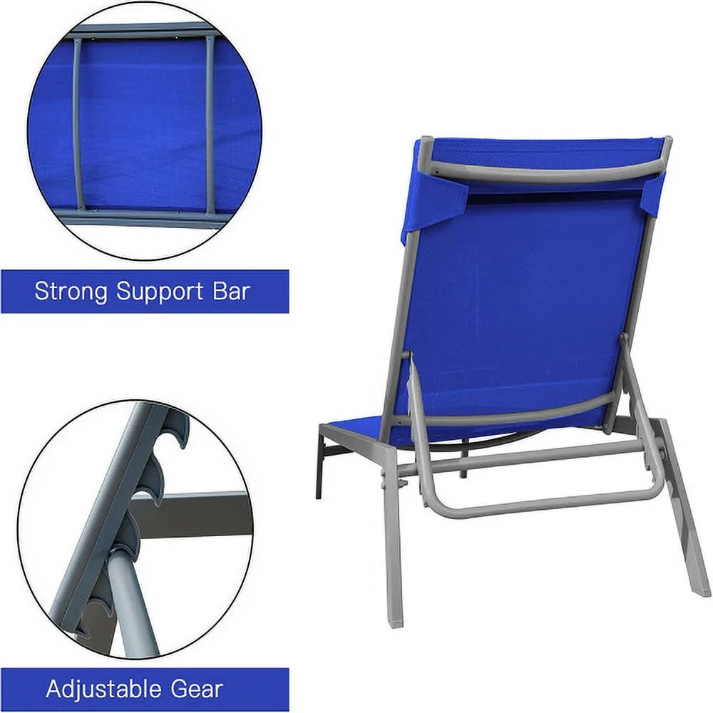YPDCHB Patio Chaise Lounge Set  3 Pieces Adjustable Backrest Pool Lounge Chairs Steel Textilene Sunbathing Recliner with Headrest (Blue.2 Lounge Chairs+1 Table)