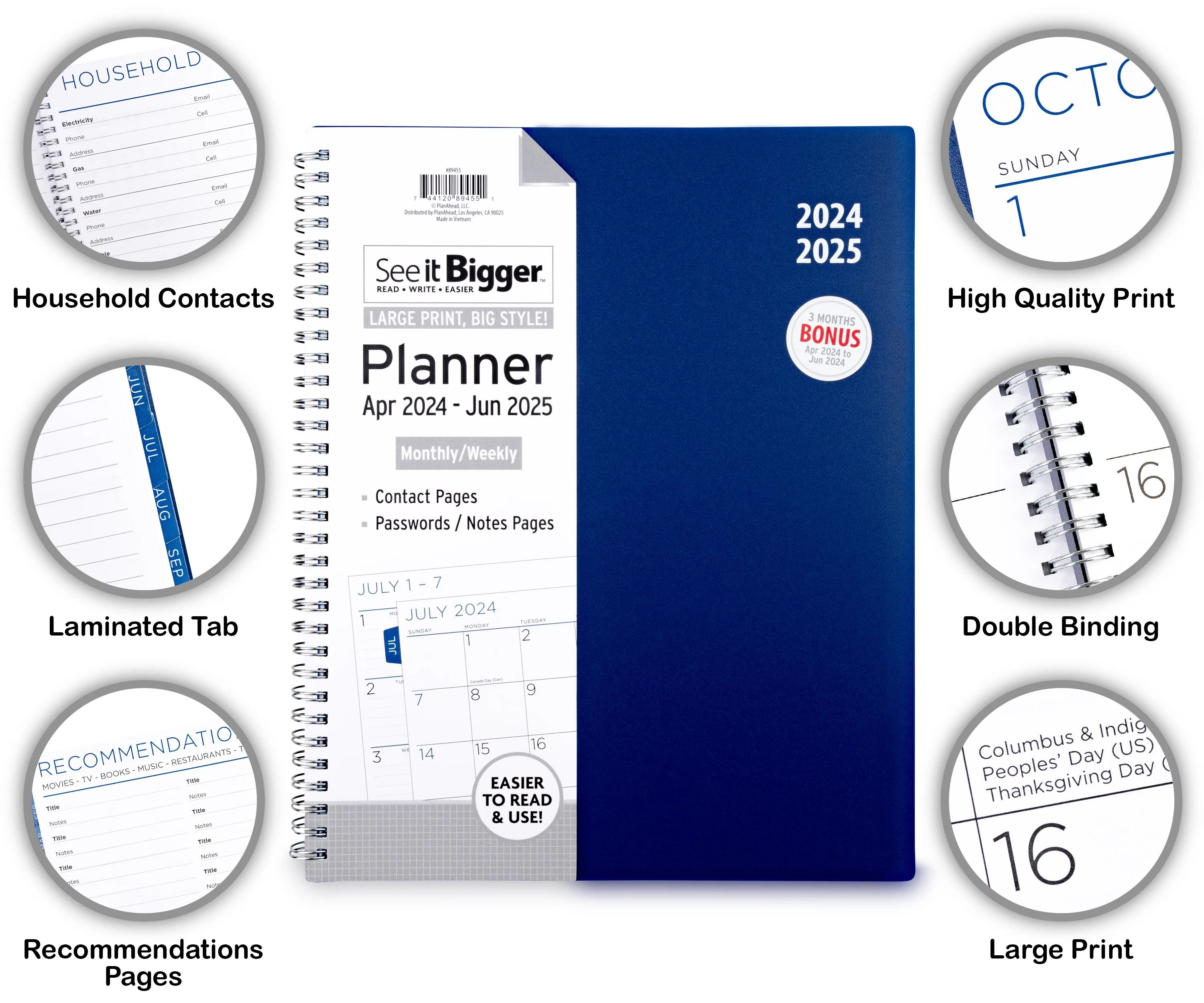 See it Bigger April 2024 - June 2025 Monthly Weekly Dated Planner (9.25”x 11.25”)