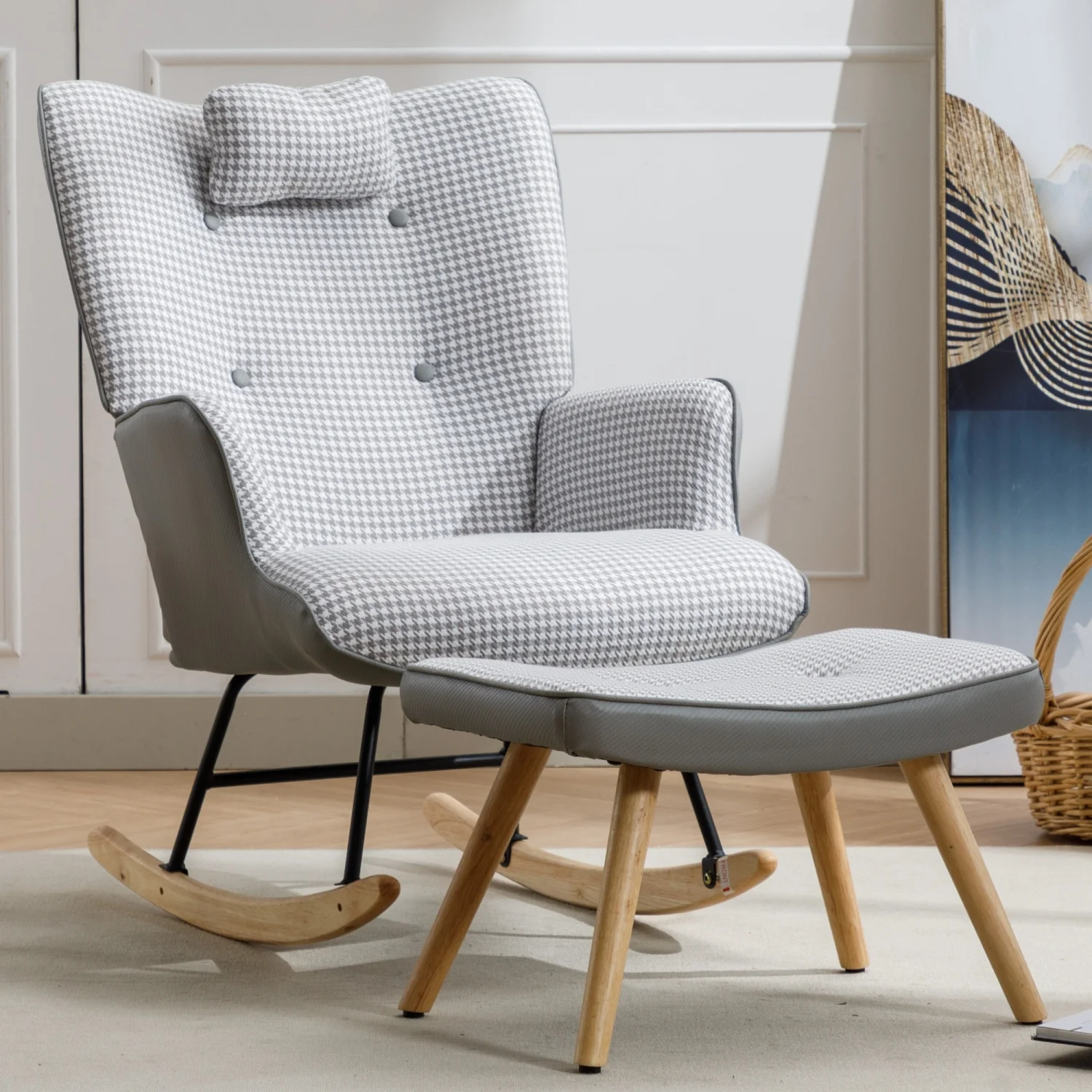 Ideal for living room  bedroom  or balcony  this comfortable and stylish 35.5 inch houndstooth fabric rocking chair features a safe solid wood base. The soft light grey color adds a cozy
