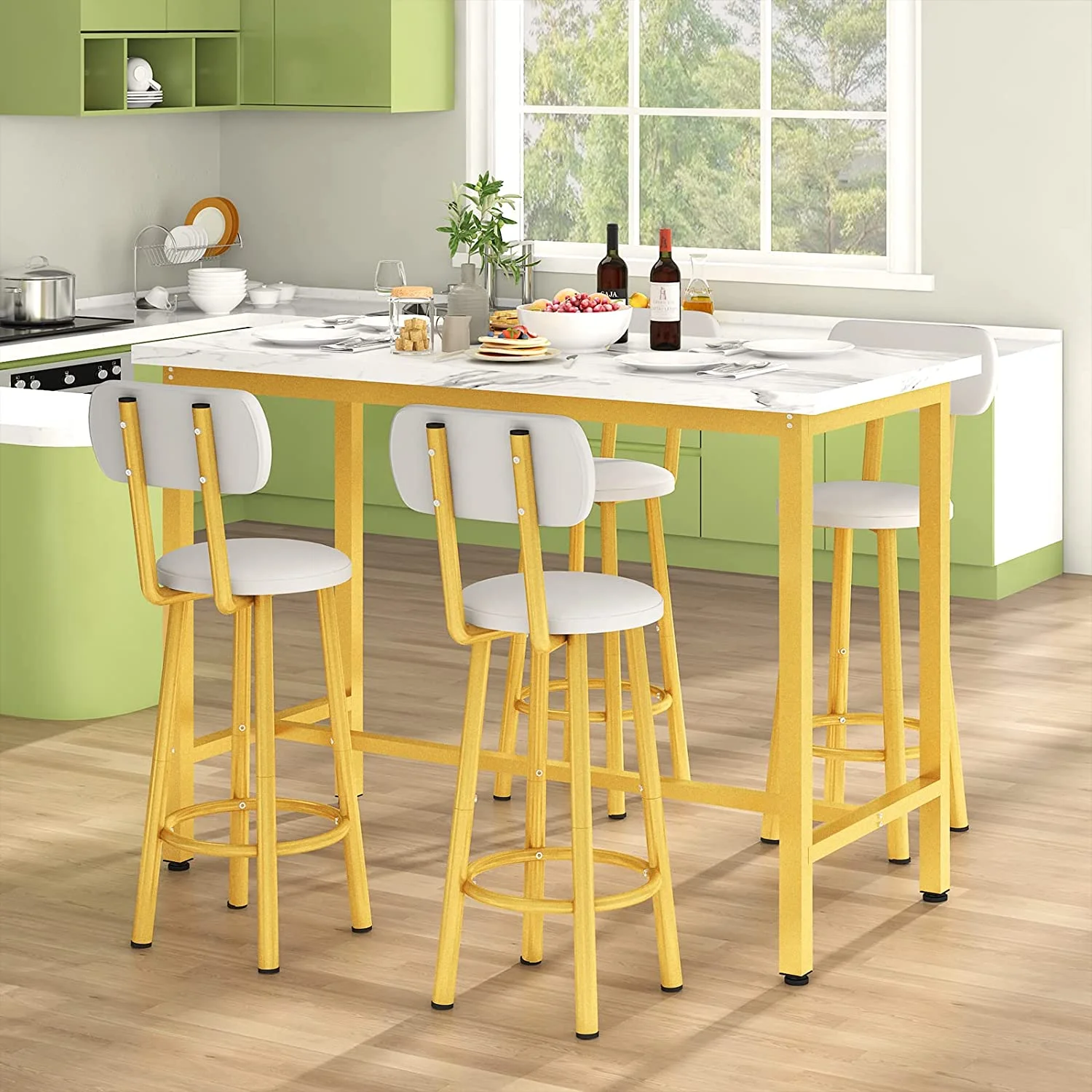 CLKHGFAR Dining  Set  43.3\u201D Rectangle Pub Bistro Dining Set Kitchen  Set   with Backrest Stools  5-Piece Breakfast  Set with Metal Frame for Dining Room w/ 4 Chairs-Gold