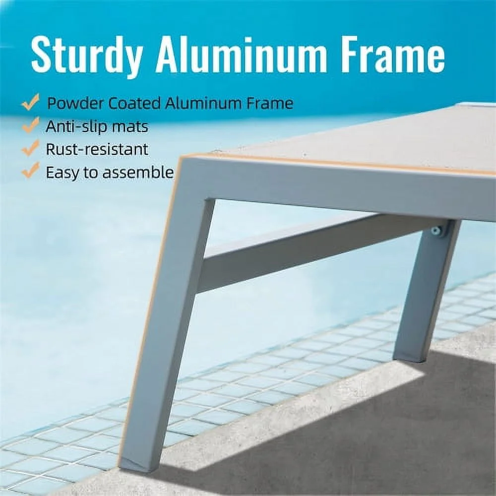 YPDCHB Patio Chaise Lounge Set of 3  Aluminum Lounge Chairs with 5 Adjustable Positions  Outdoor Chaise Lounge for Pool  Deck  Garden  Backyard  Sunbathing (Khaki 2 Lounge Chairs+1 Table)