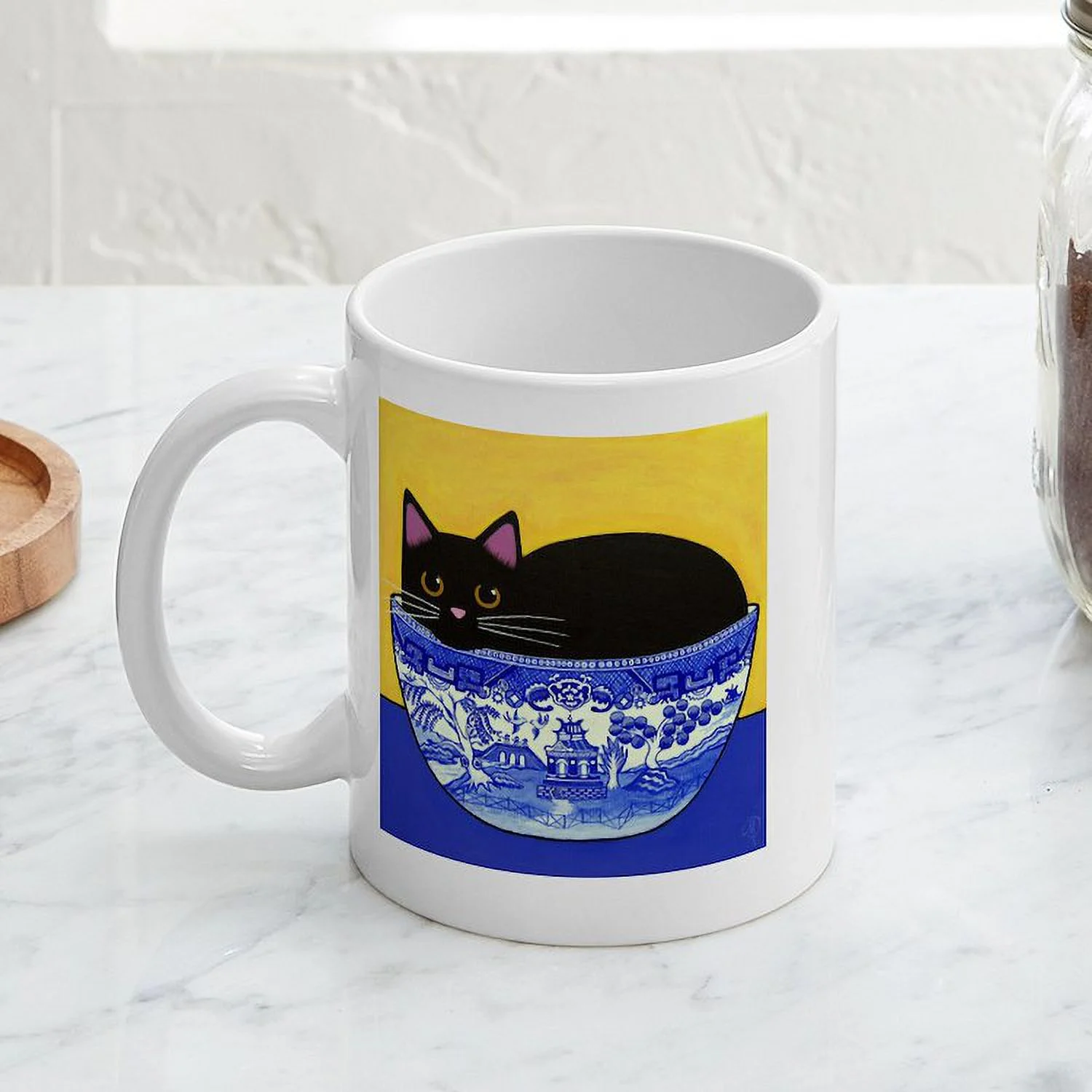 CafePress - Black CAT In Blue Willow Bowl Mug - 11 oz Ceramic Mug - Novelty Coffee Tea Cup