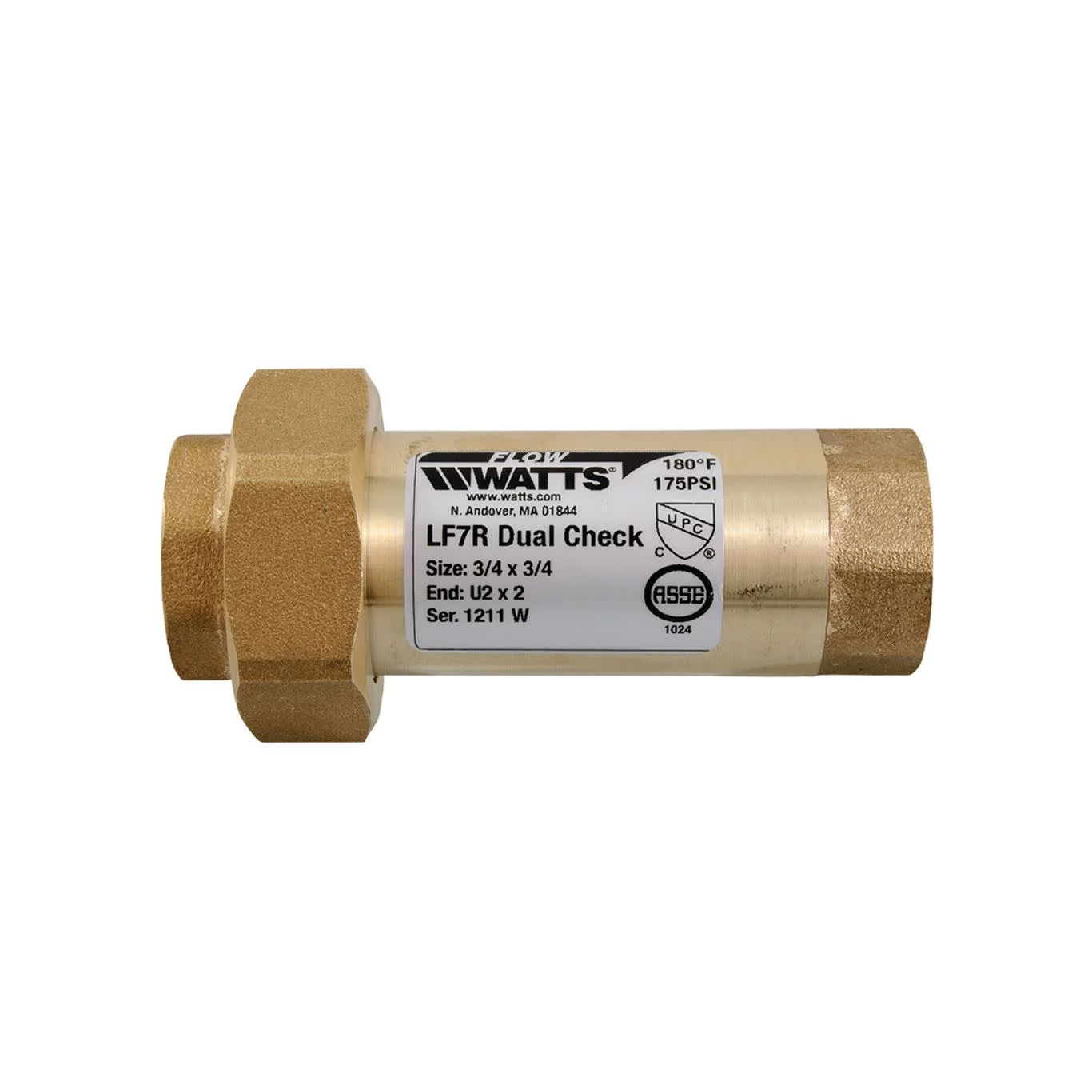 Watts 0072204 Check Valve, 3/4 in, Union FNPT x FNPT, 10 to 175 psi Pressure, Brass Body
