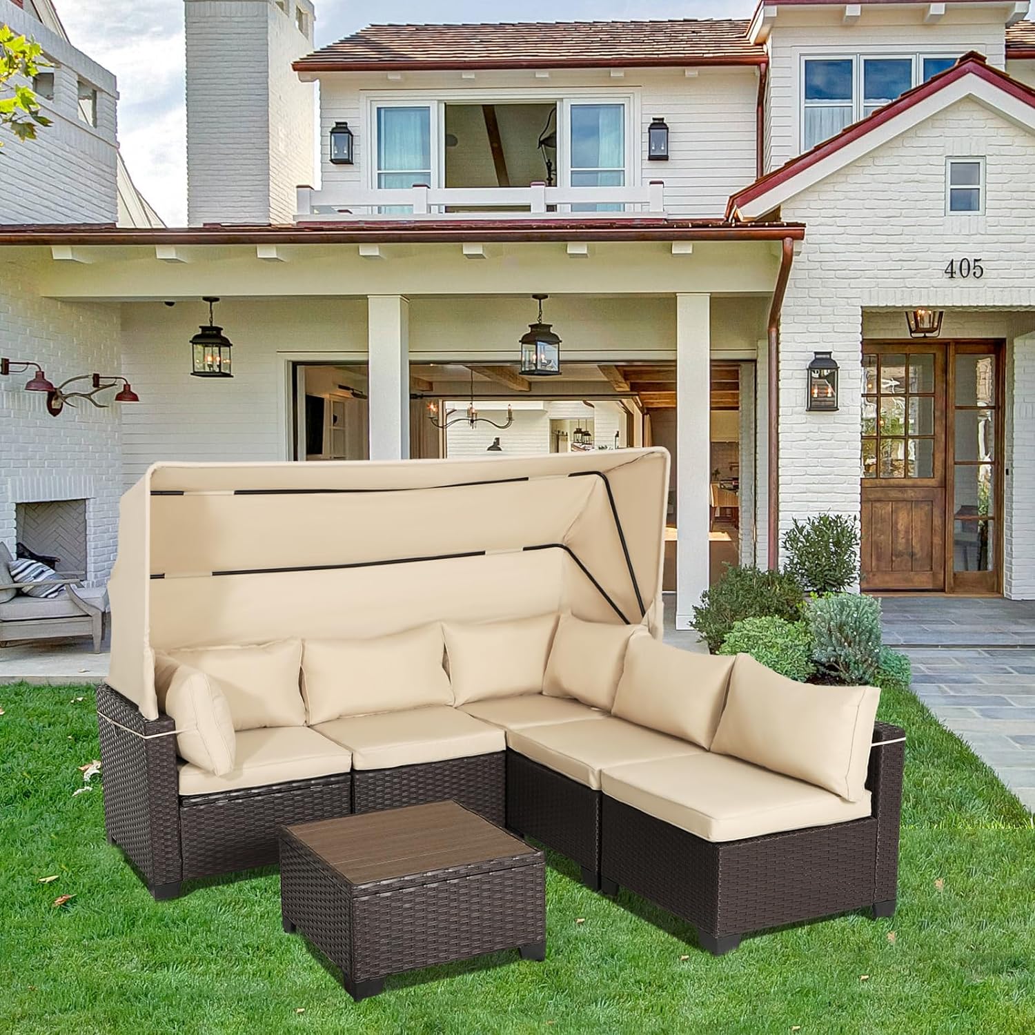 Dina 6 Piece Patio Furniture Sets with Adjustable Canopy and Backrest  Outdoor Sectional Rattan Sofa  Manual Weaving Wicker Patio Conversation Set with Table and Cushion (White)