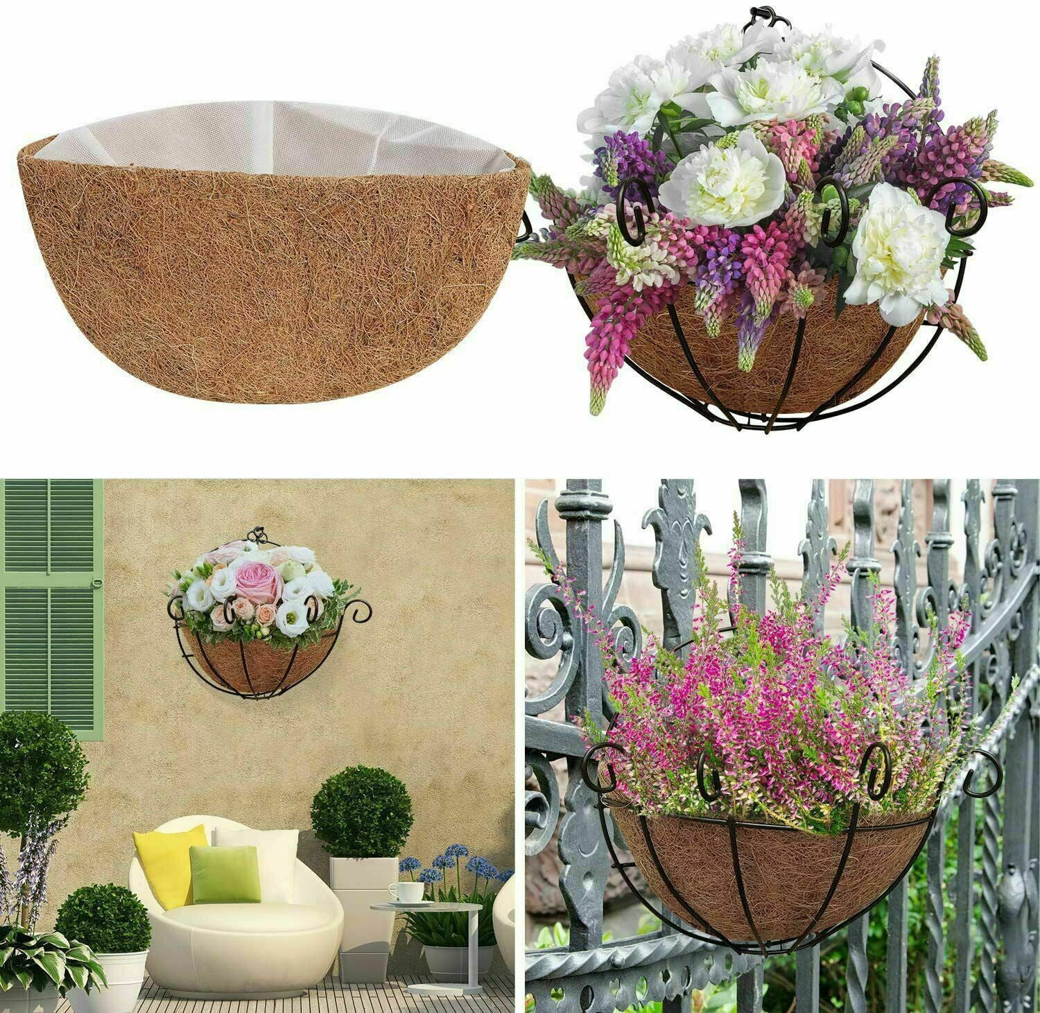 EROCK 2Pcs Thick Half Round Coconut Fiber Plant Basket Coco Liners + Non-woven Lining-16 INCH