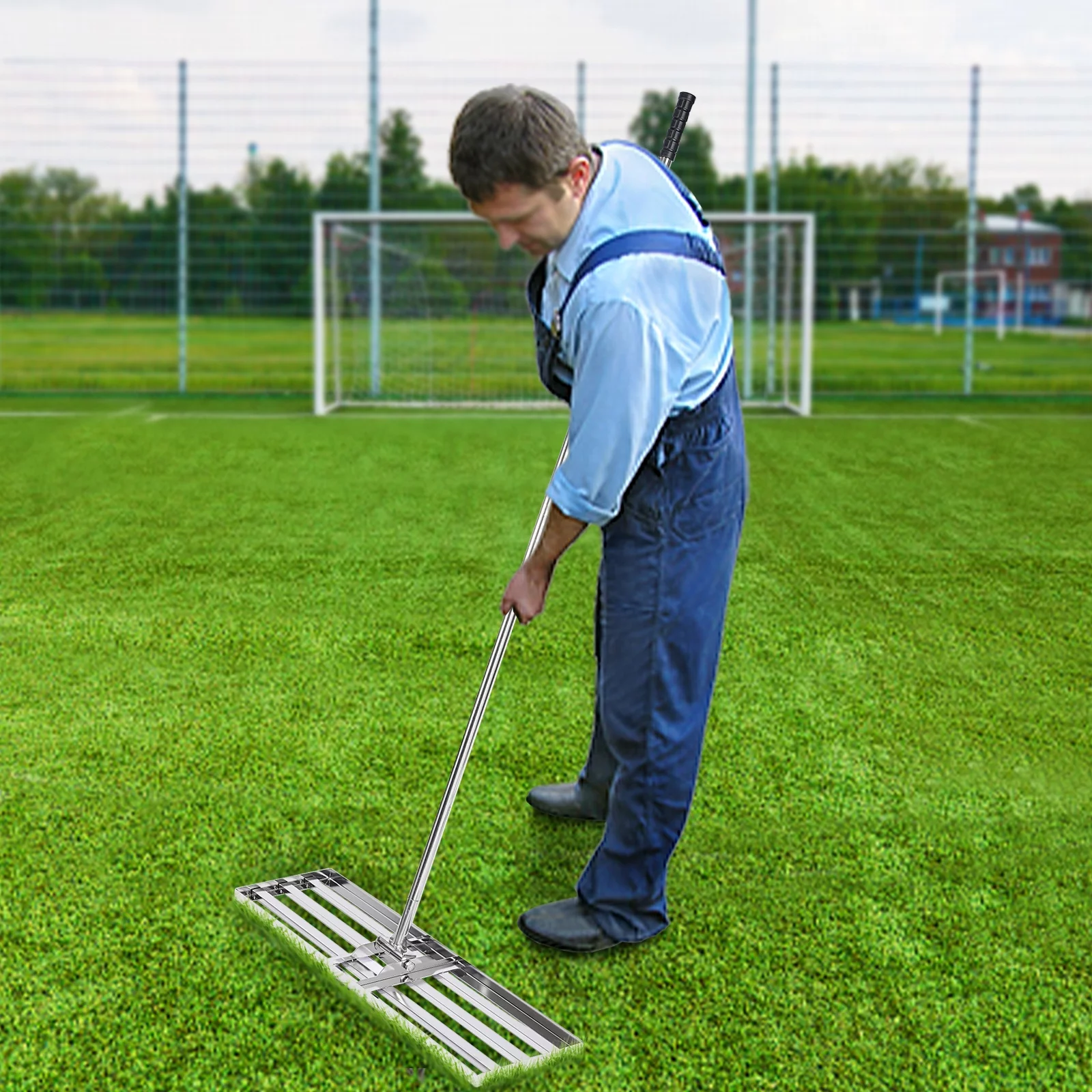 Aiqidi 36x10 Inch Leveling Lawn Rake Stainless Steel Soil Lawn Leveler Tool with 5.9Ft Adjustable Handle for Garden Yard Farm Golf Course