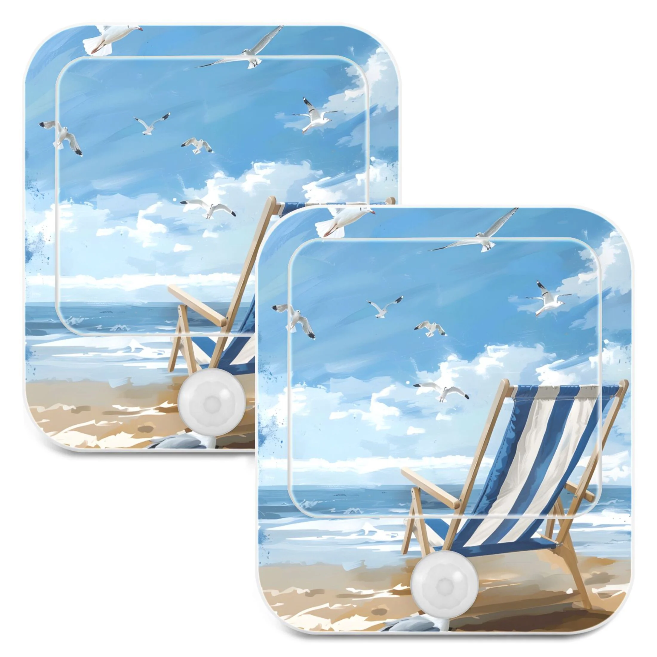 Seagull and Striped Beach Chair LED Motion Sensor Night Light 2 Pcs Plug-in Wall Lamp Dusk-to-Dawn for Bedroom Hallway Bathroom Kitchen Decor