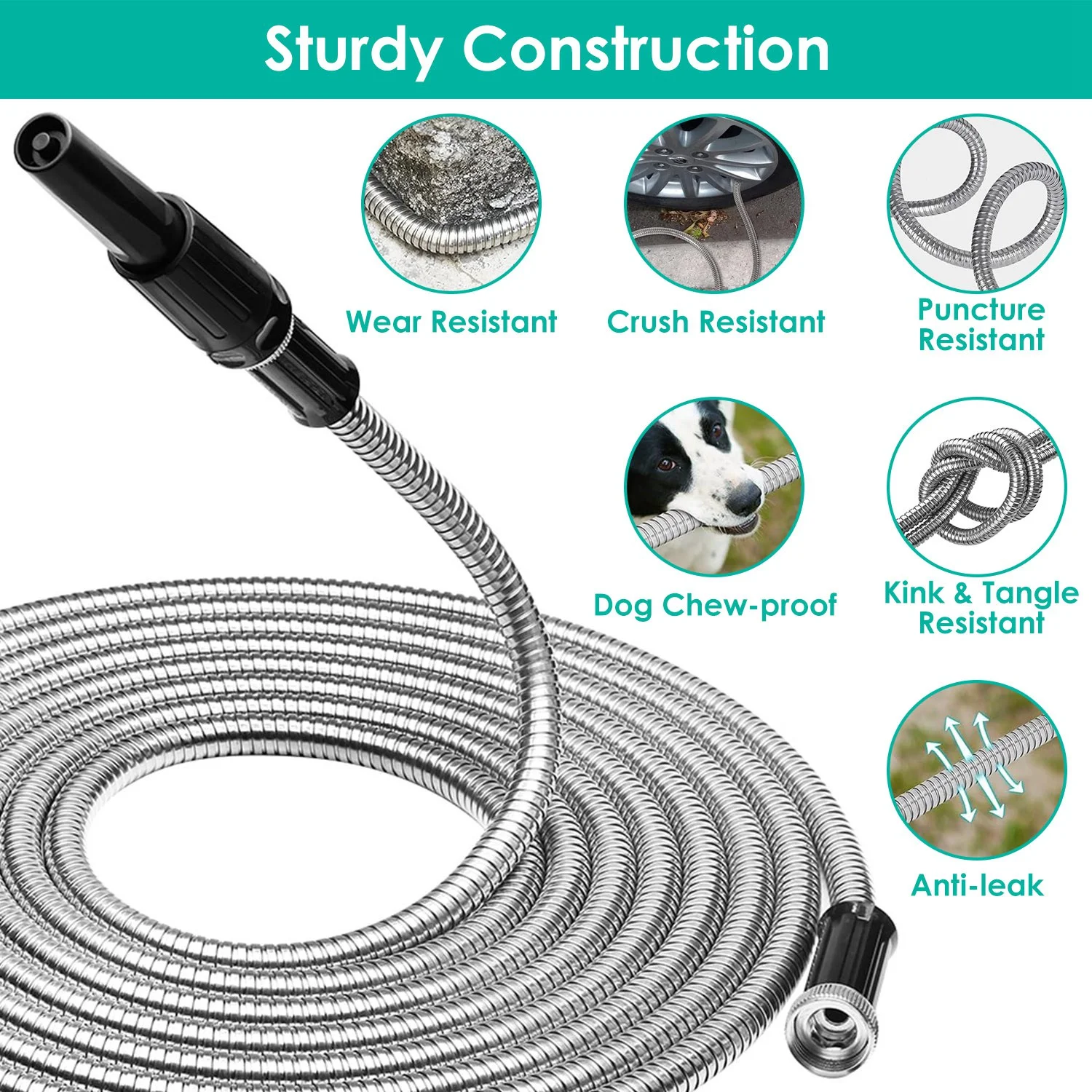 iMounTEK 25ft Garden Watering Hose Kit Stainless Steel, with 2 Nozzles 12 Patterns Flexible Extendable